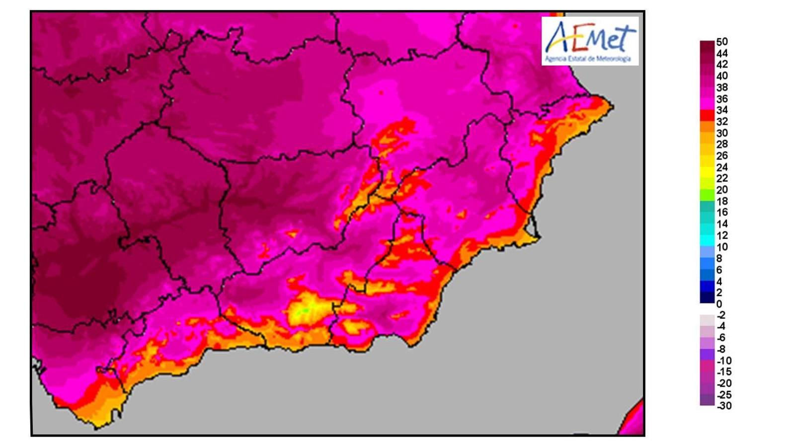 Mapa de las temperaturas máximas previstas para el domingo 25 de junio.