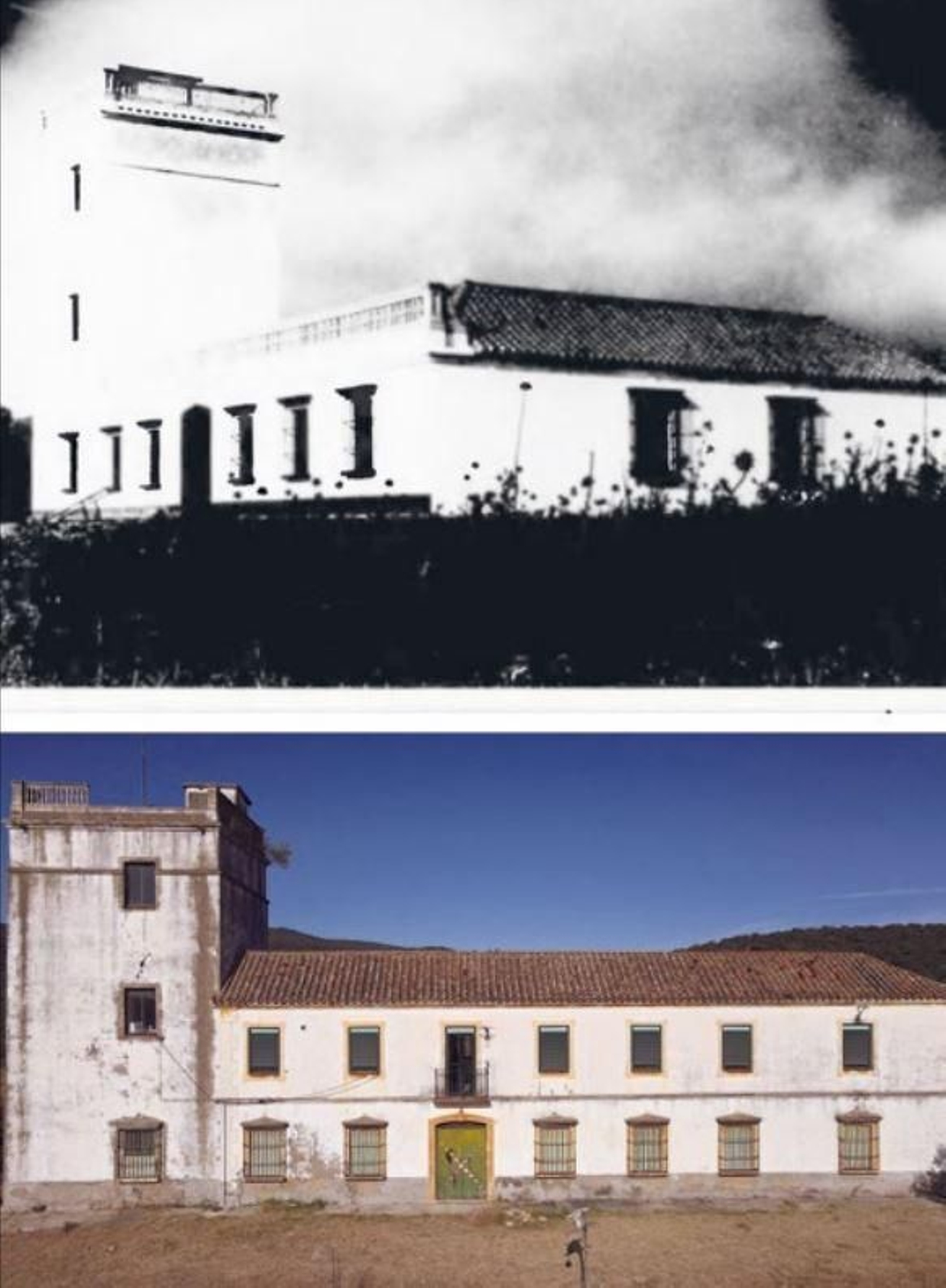Fotografía del cuartel de la Guardia Civil de  La Almoraima, Archivo Ducal de Medinaceli (arriba).  Fotografía actual del cuartel (abajo).