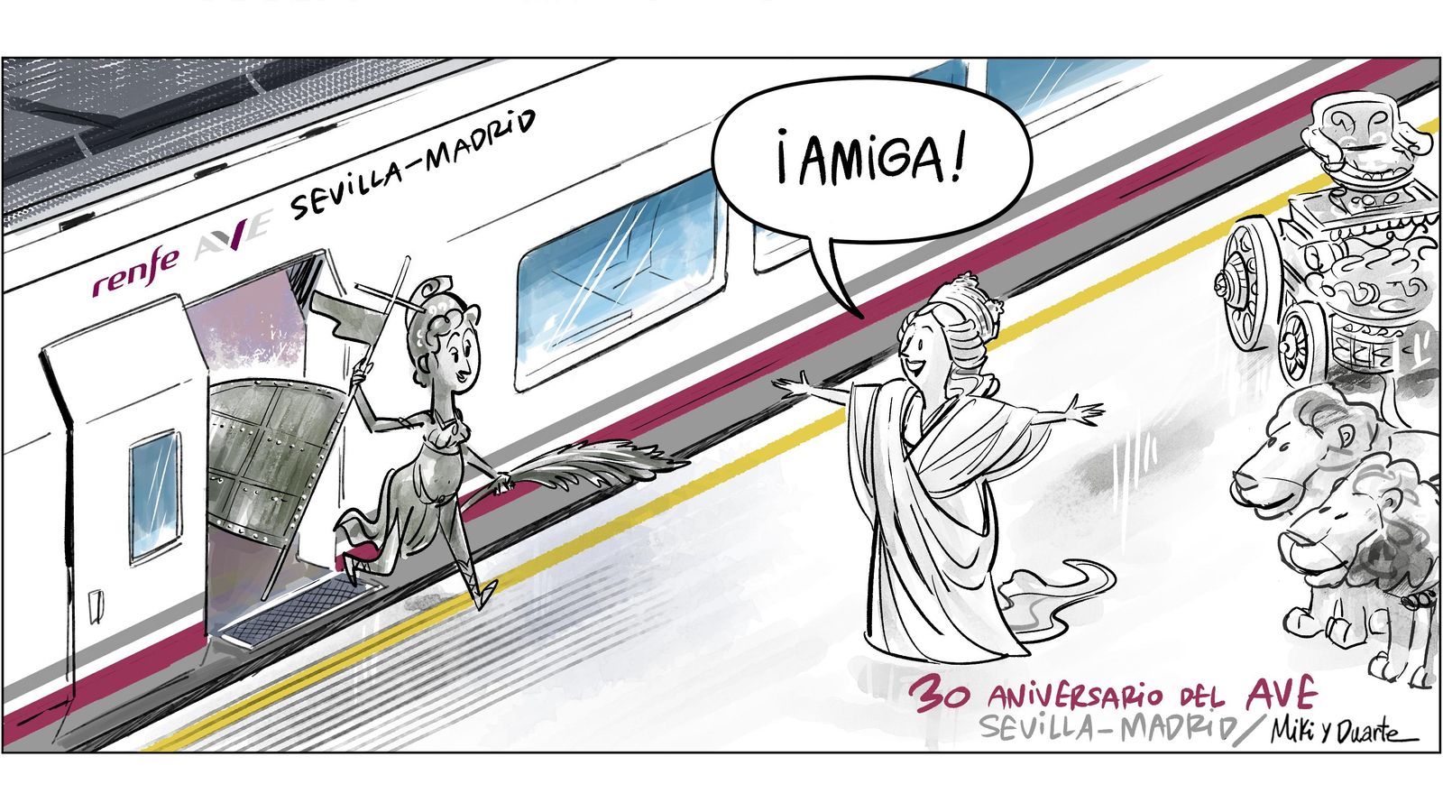 La viñeta de Miki y Duarte que estará en el libro 'En el AVE con humor' La viñeta de Miki y Duarte que estará en el libro 'En el AVE con humor'