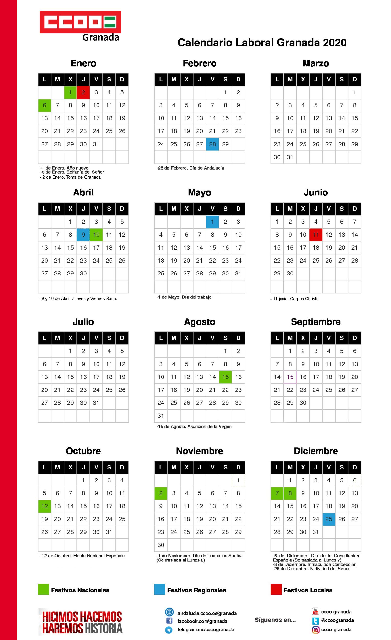 Calendario laboral de Granada en 2020