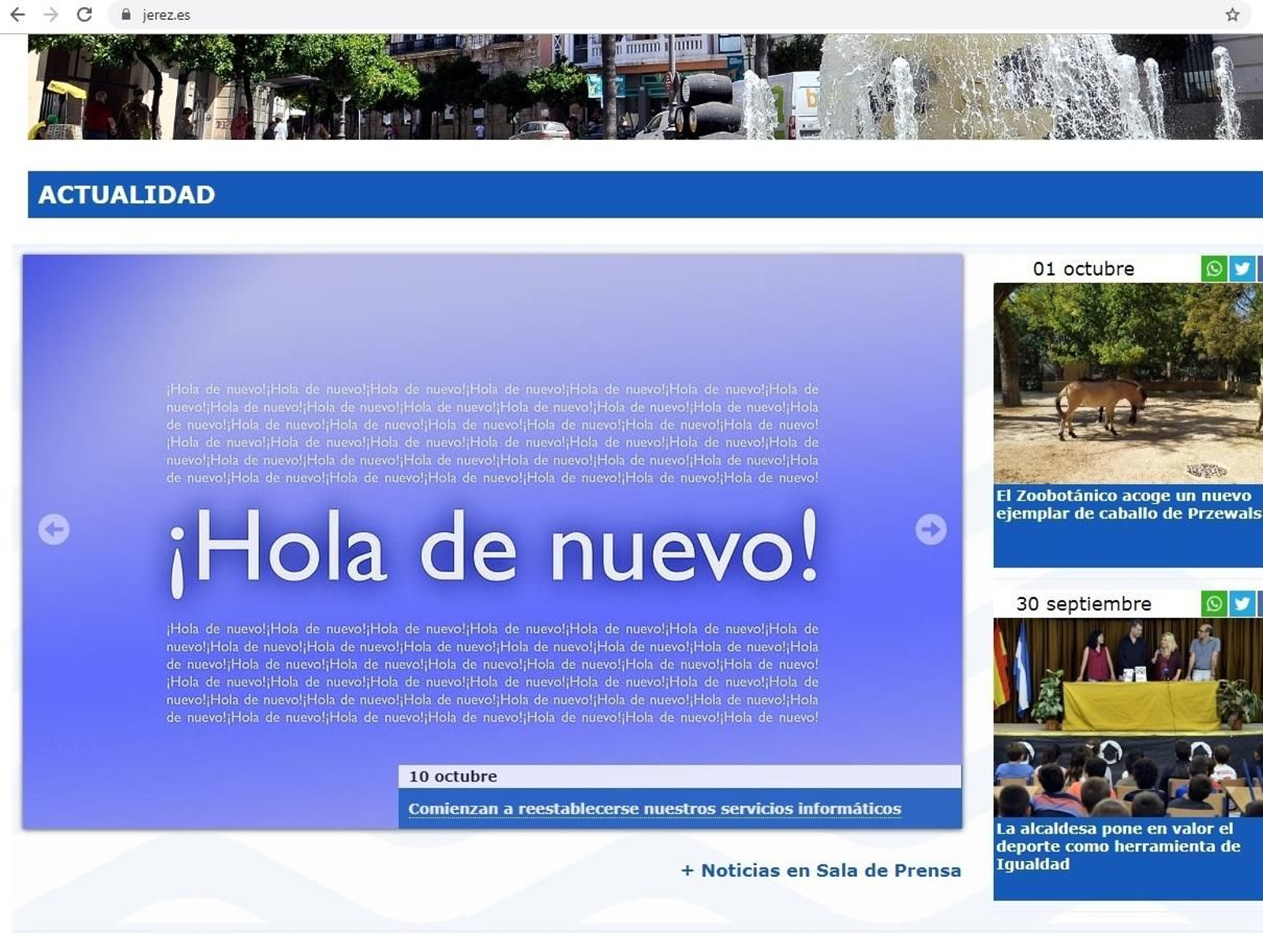 Mensaje de bienvenida en la web municipal