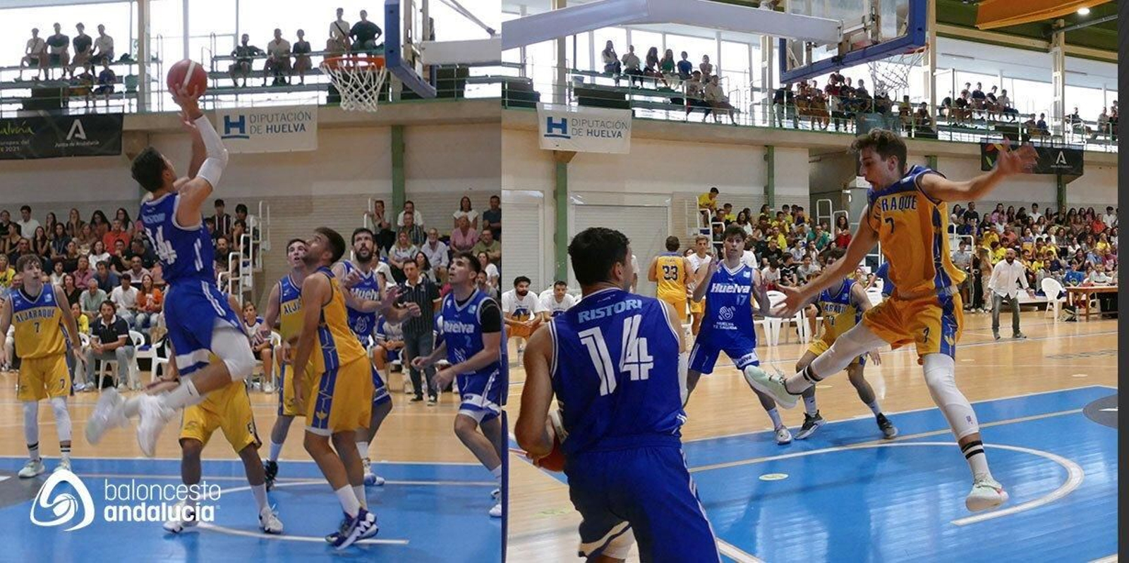 Dos lances del encuentro jugado entre el PMD Aljaraque y el Ciudad de Huelva.