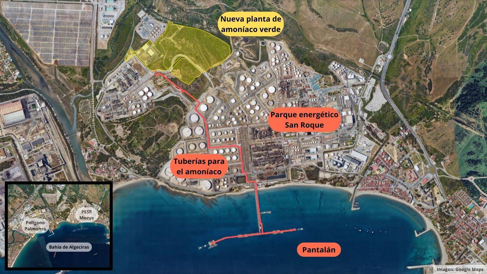 Infografía con la ubicación de la nueva planta de amoníaco verde de Moeve, en San Roque Infografía con la ubicación de la nueva planta de amoníaco verde de Moeve, en San Roque