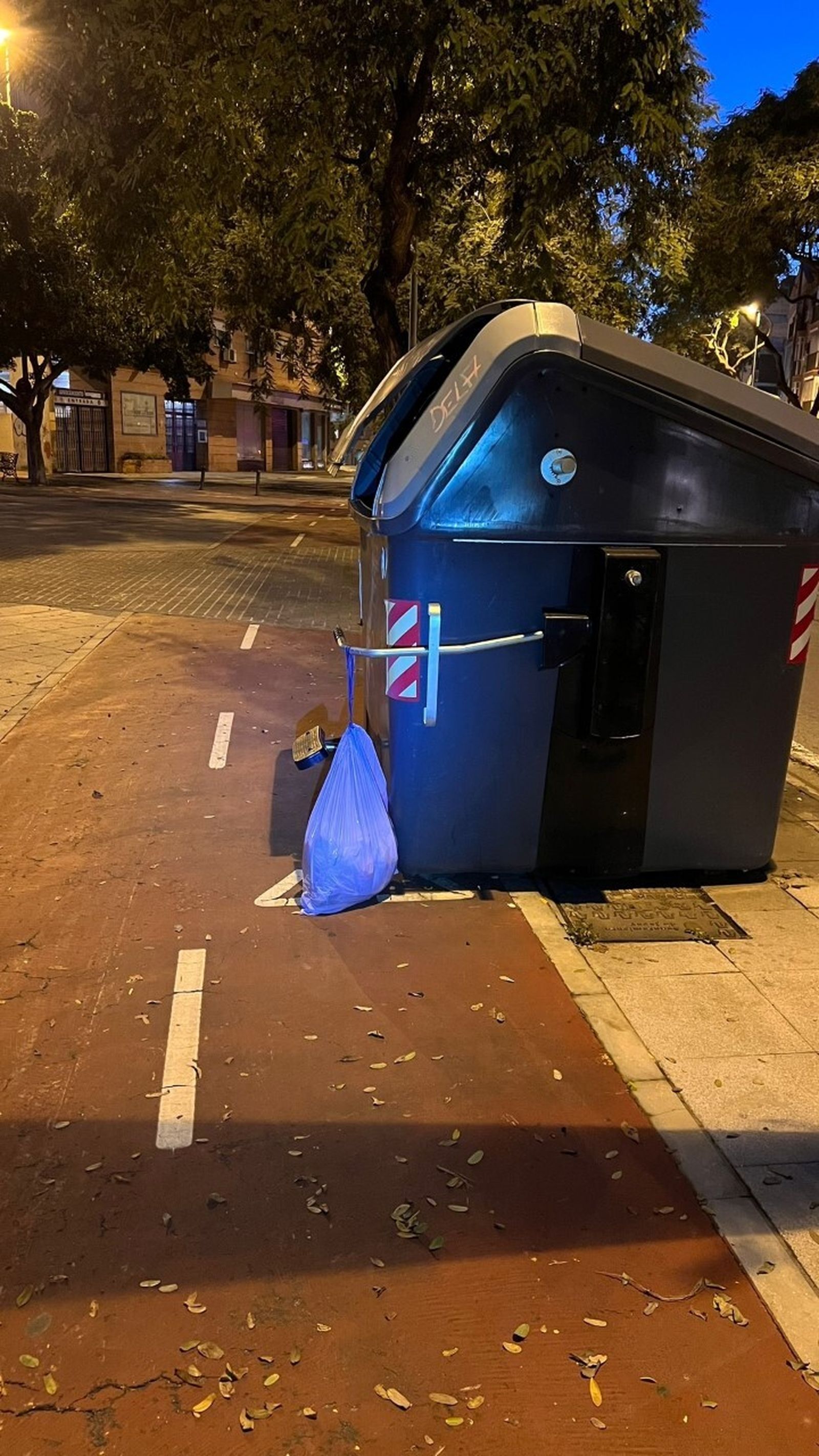 Un contenedor de basura invadiendo el carril bici de Jerez