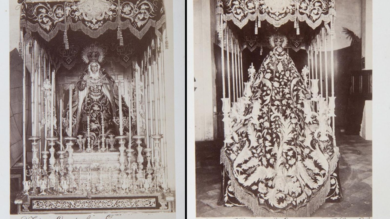 1891. Paso de la Esperanza Macarena culminado. Estrenaba el palio negro, diseñado por Juan Manuel Rodríguez Ojeda y lucía el manto y la saya diseñado también por Juan Manuel y ejecutado por Eloisa Ribera entre 1879 y 1881.