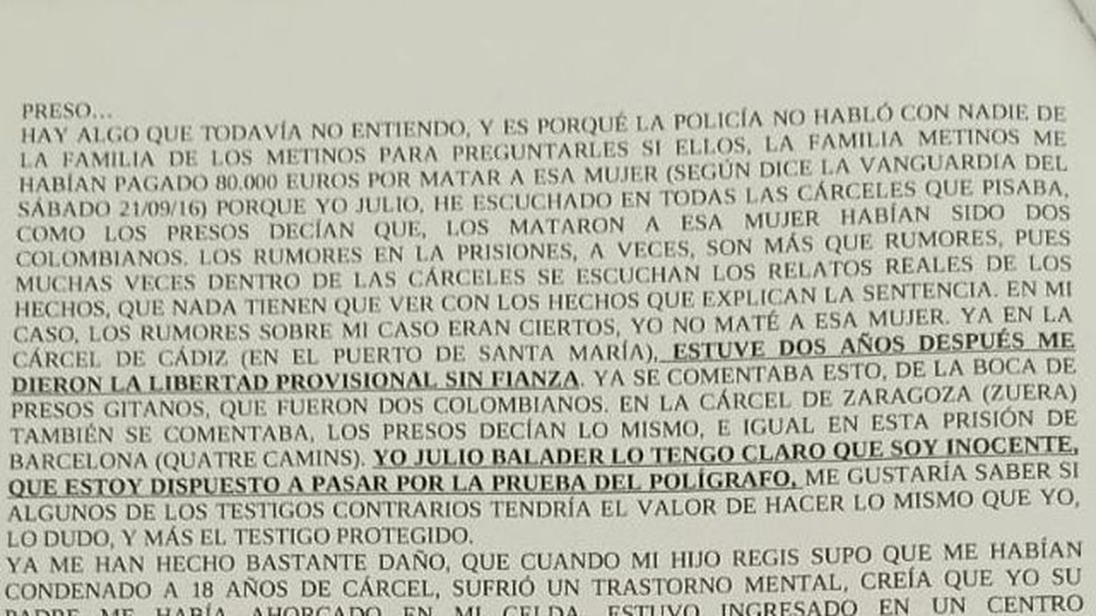 Uno de los folios enviados por Julio Balader para explicar su versión de los hechos