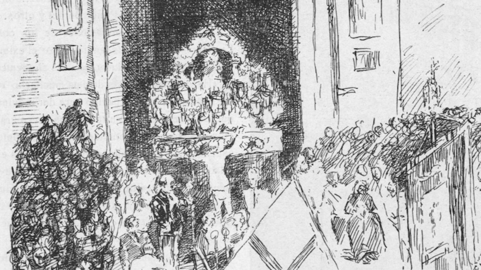 La salida de la Virgen de la Cinta desde la parroquia de San Pedro  en 1929, de un apunte de juventud del pintor José Caballero.La Rábida  Revista Colombina Hispanoamericana.