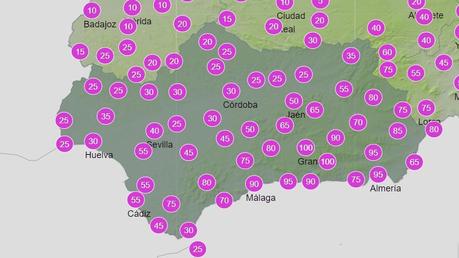 Probabilidad de precipitación este viernes.