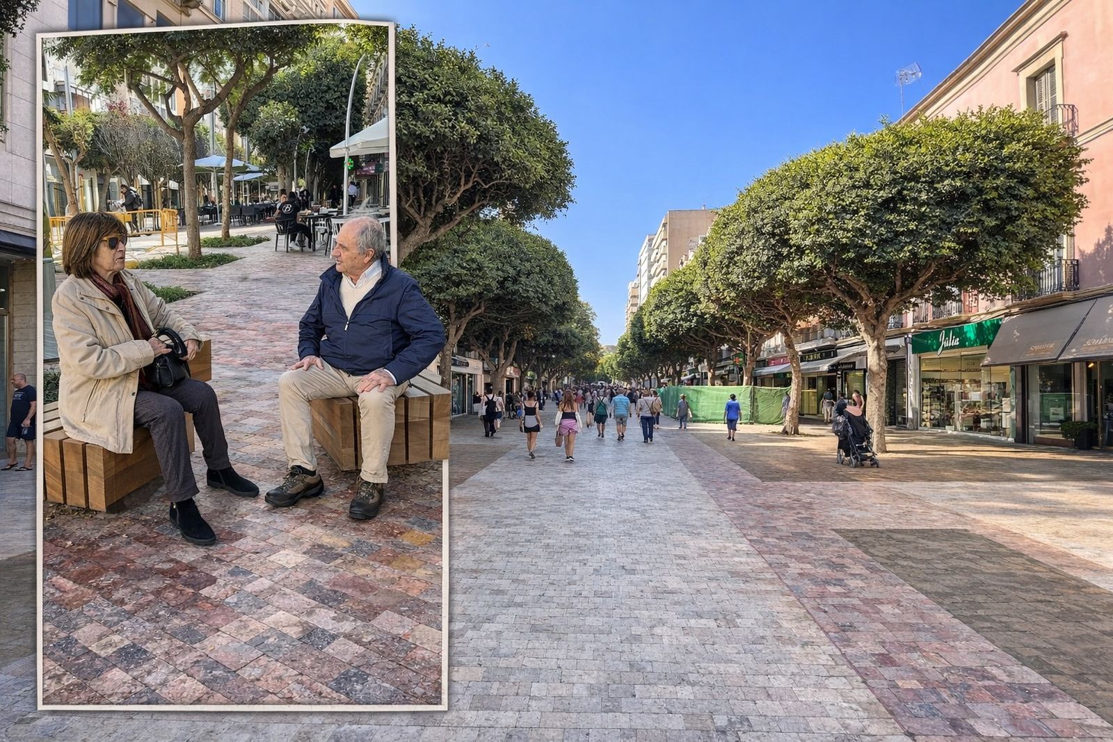 Imagen de mayores sentados en los nuevos bancos y al fondo el Paseo de Almería