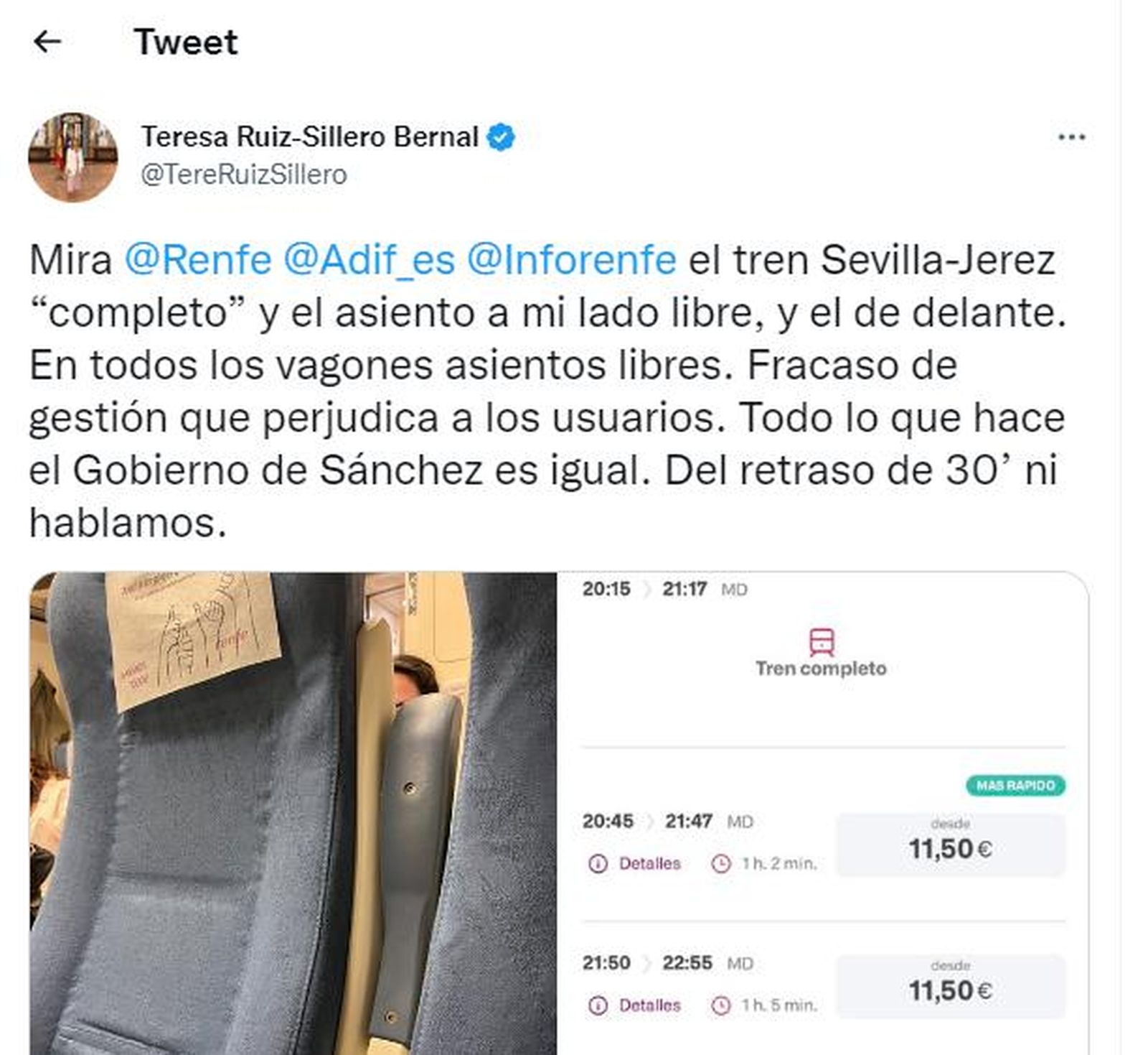 El tuit de la senadora del PP Teresa Ruiz-Sillero sobre Renfe.