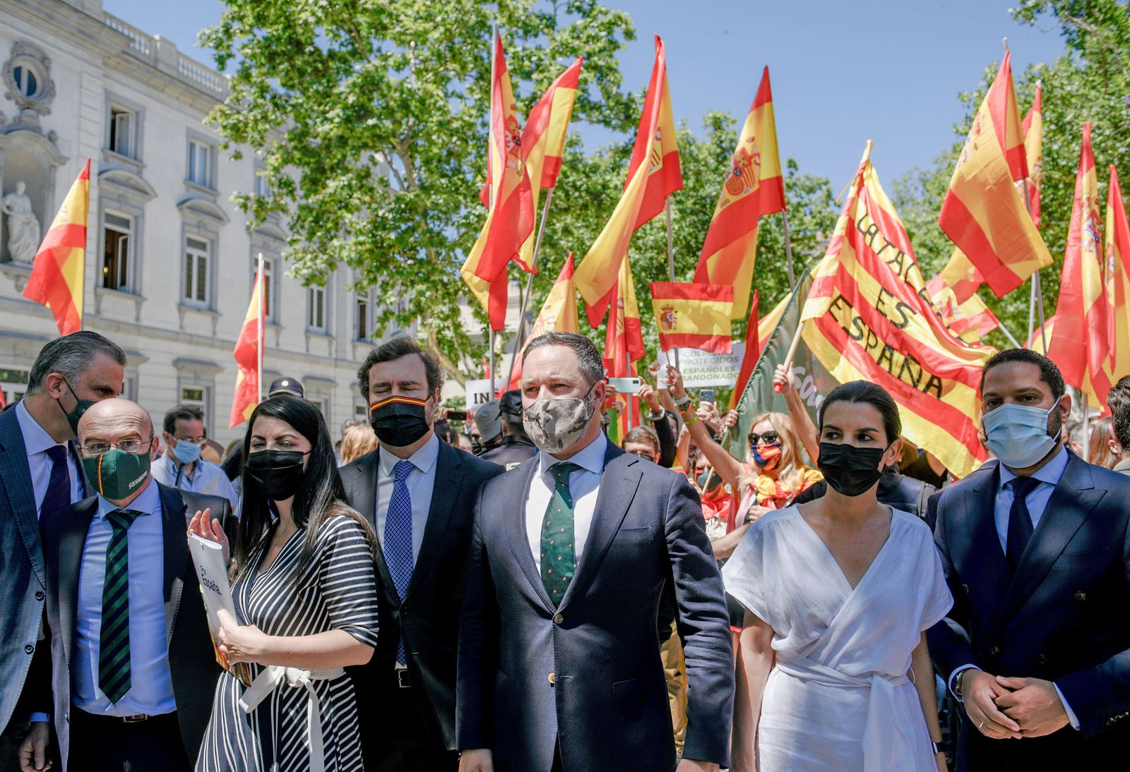 Javier Ortega Smith, Jorge Buxadé, Macarena Olona, Iván Espinosa de los Monteros, Santiago Abascal, Rocío Monasterio e Ignacio Garriga, este jueves ante el Supremo.