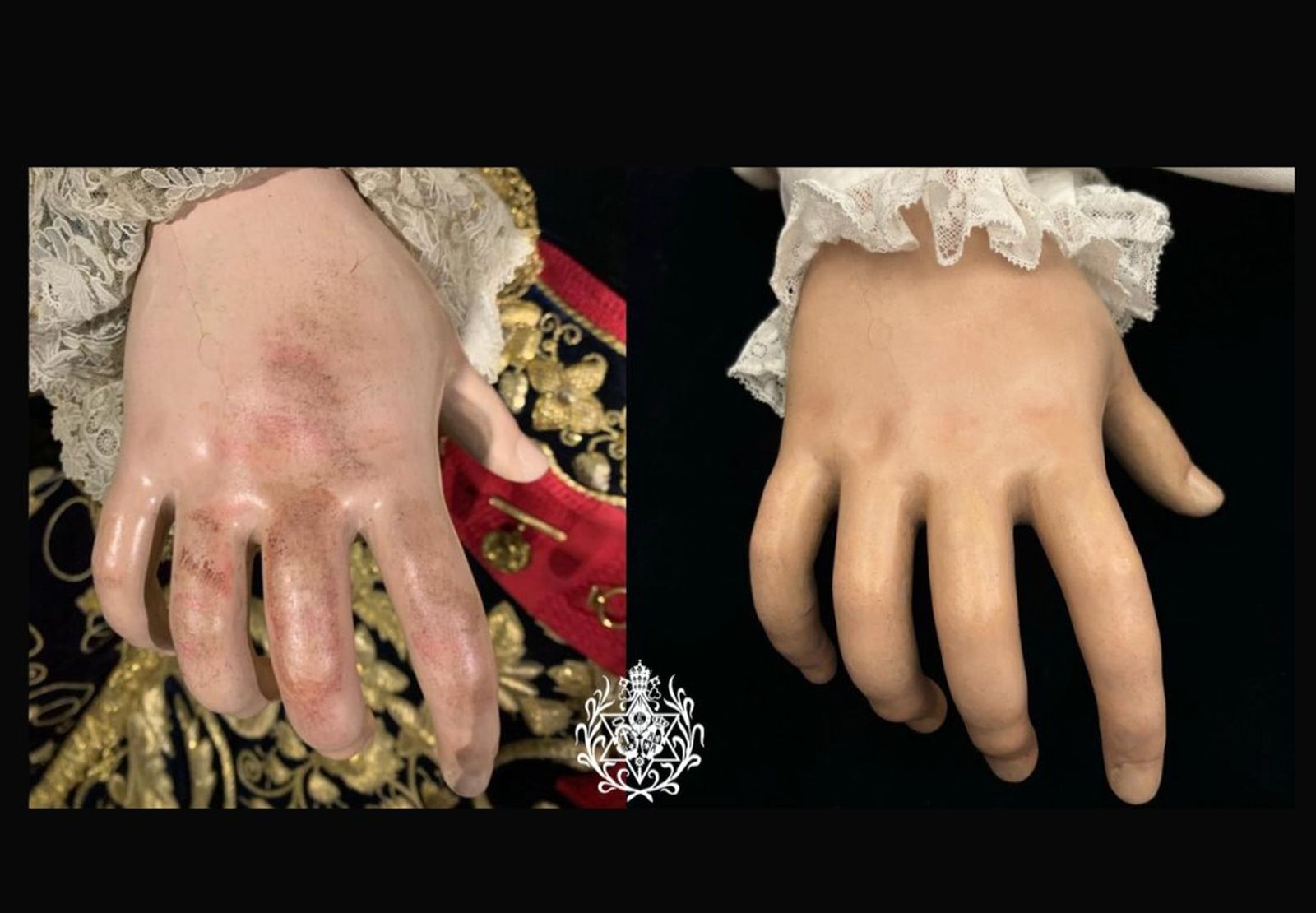 La mano derecha de la Virgen, antes y después de la intervención