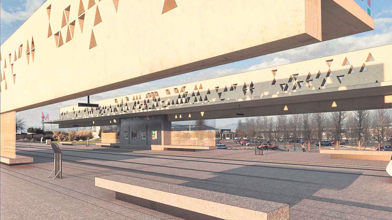 Recreación digital que muestra como será la parada de La Gloria del Metro de Granada