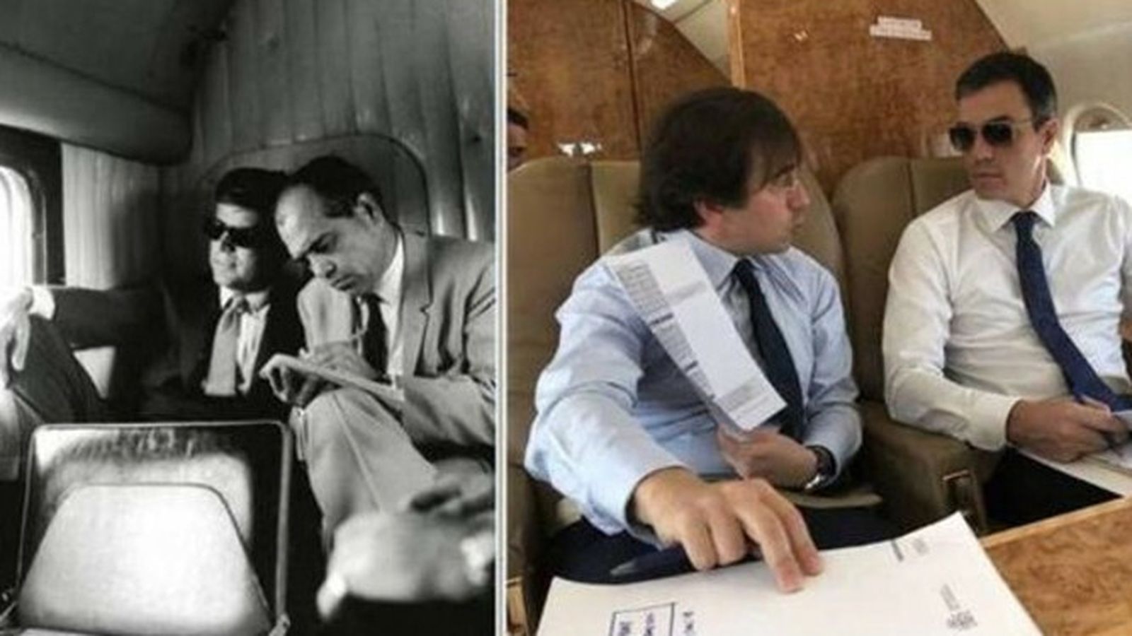 Similitud de una foto de Kennedy en su avión y otra de Sánchez.