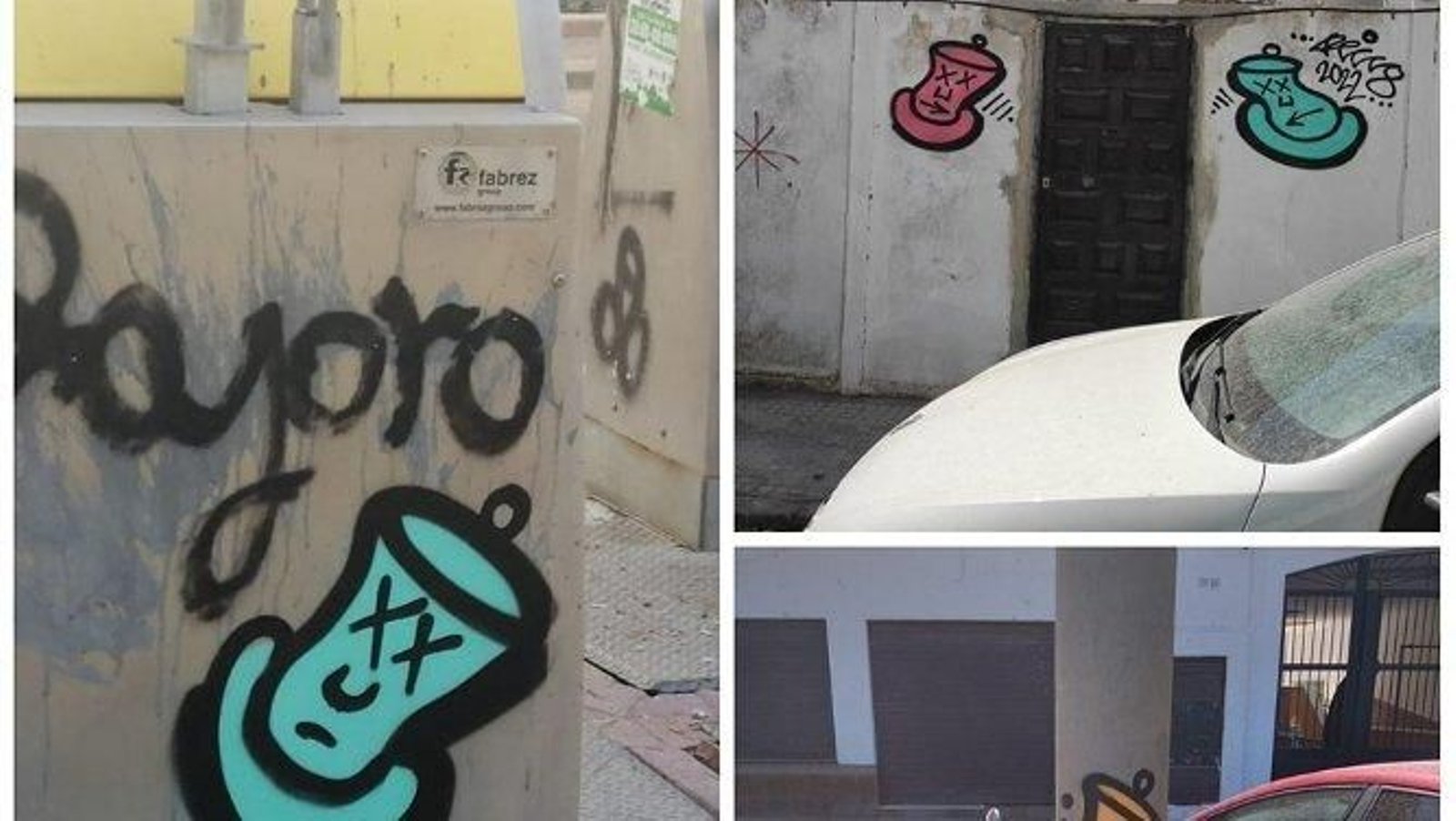 Algunos de los grafitis de tacitas que dibujó el menor en Chipiona.