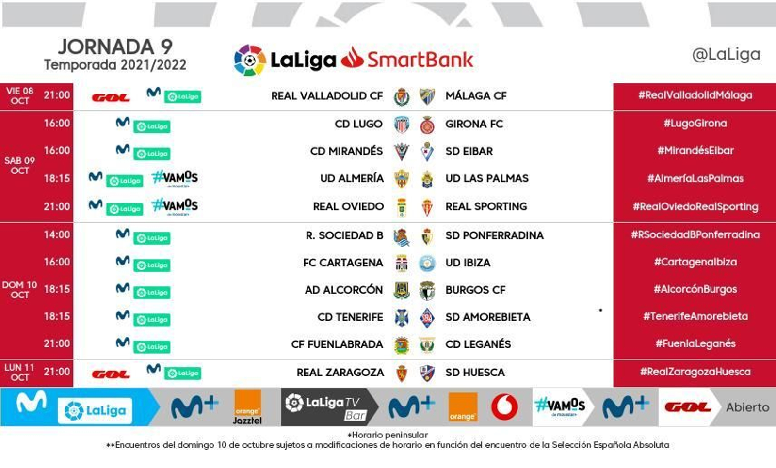 Todos los horarios de la jornada 9 de Segunda División