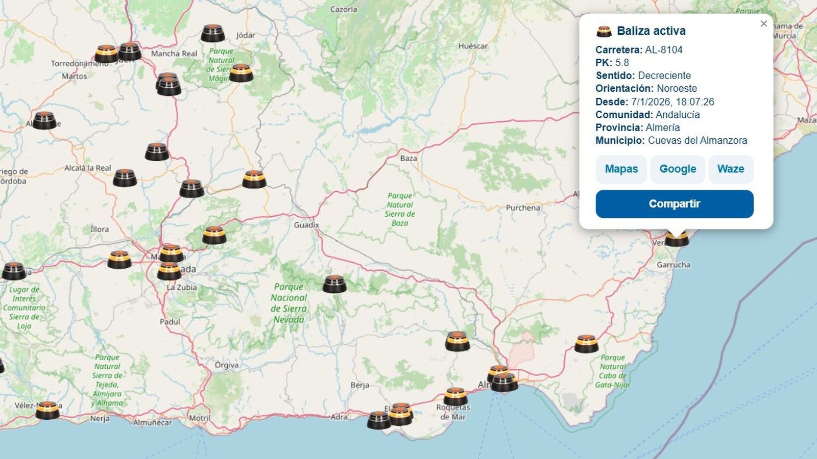 Mapa de balizas activas V-16 en la provincia de Almería.