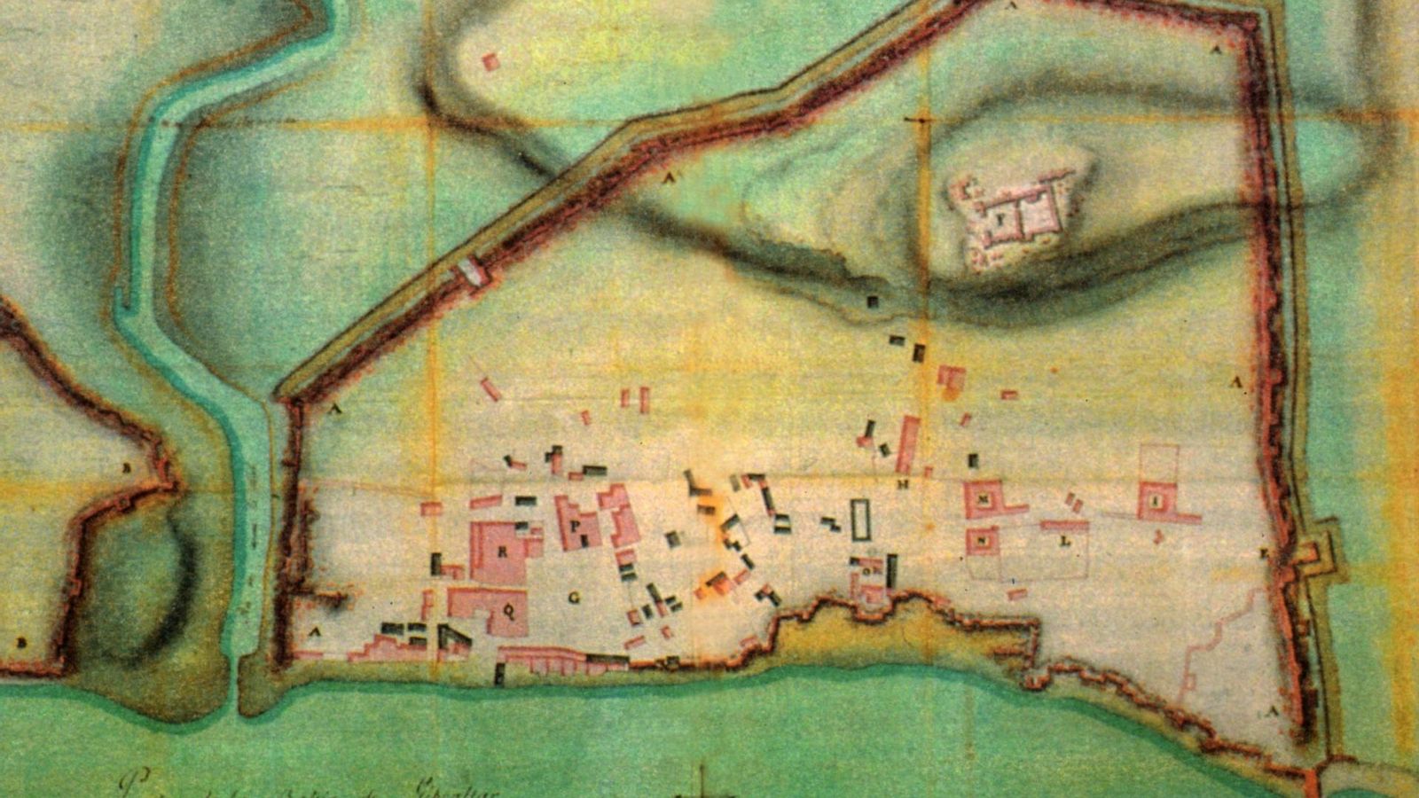 Plano de la resurgida Algeciras levantado por Verboom en enero de 1724. Véanse las pocas chozas y viviendas que, sin orden urbanístico, conformaban la nueva Algeciras en esa fecha. (Archivo General de Simancas).