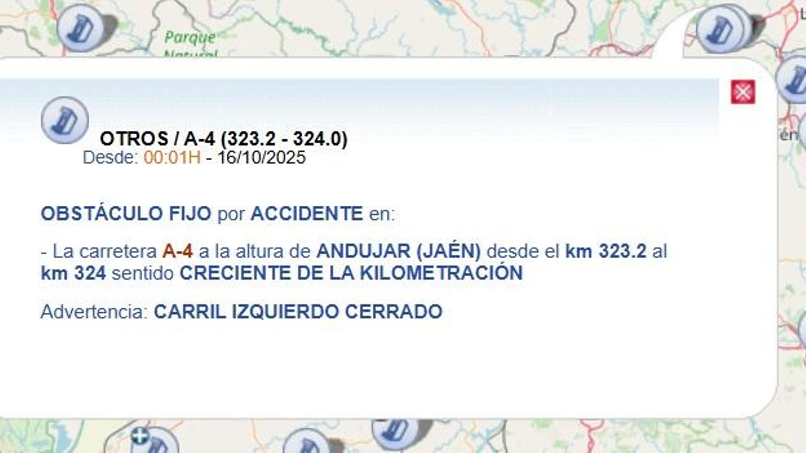 Mapa de la DGT con el actual corte en la A-4 en Andújar.