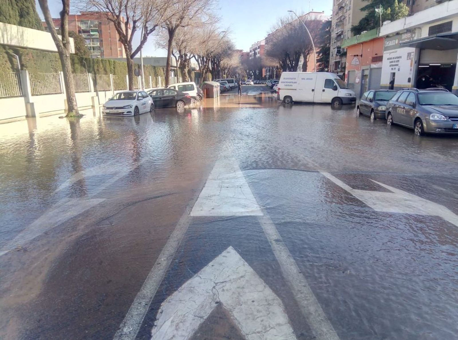 Inundación en la calle tras la rotura de una tubería.