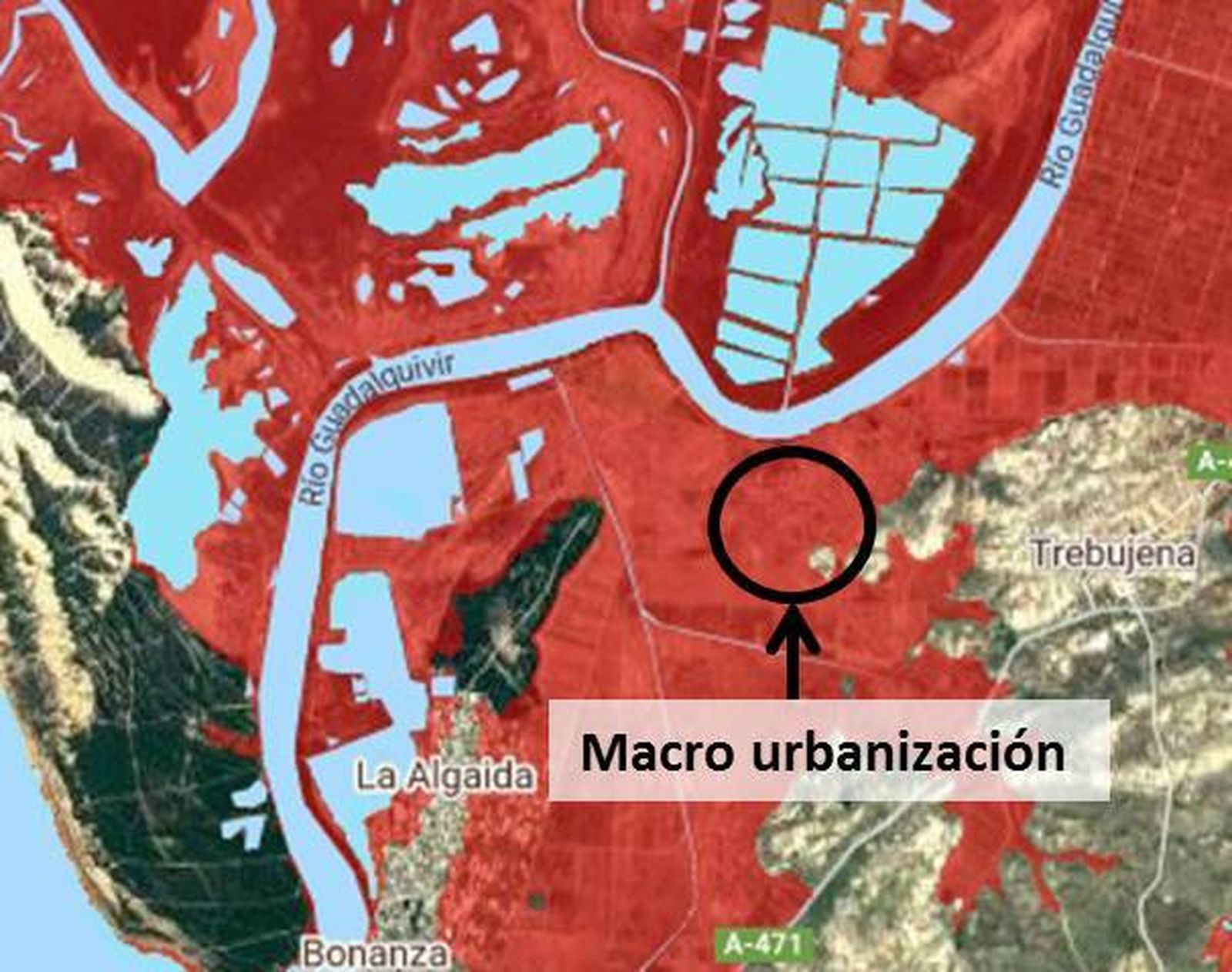 Mapa con la proyección de zonas de riesgo en el área de las marismas.
