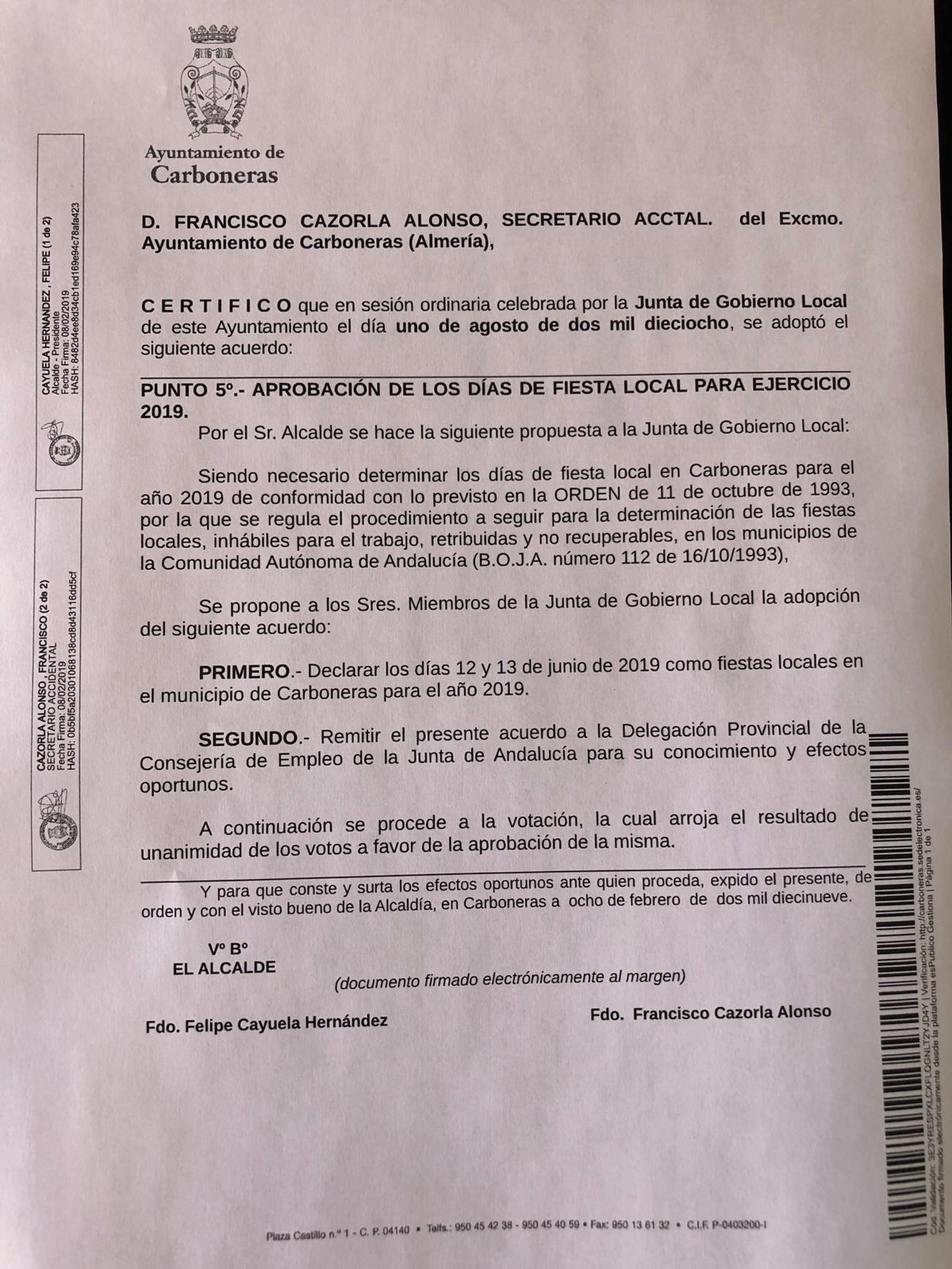 Acuerdo de la Junta de Gobierno Local