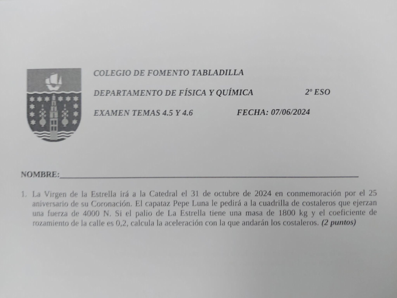 El ejercicio expuesto en el examen de este mismo viernes