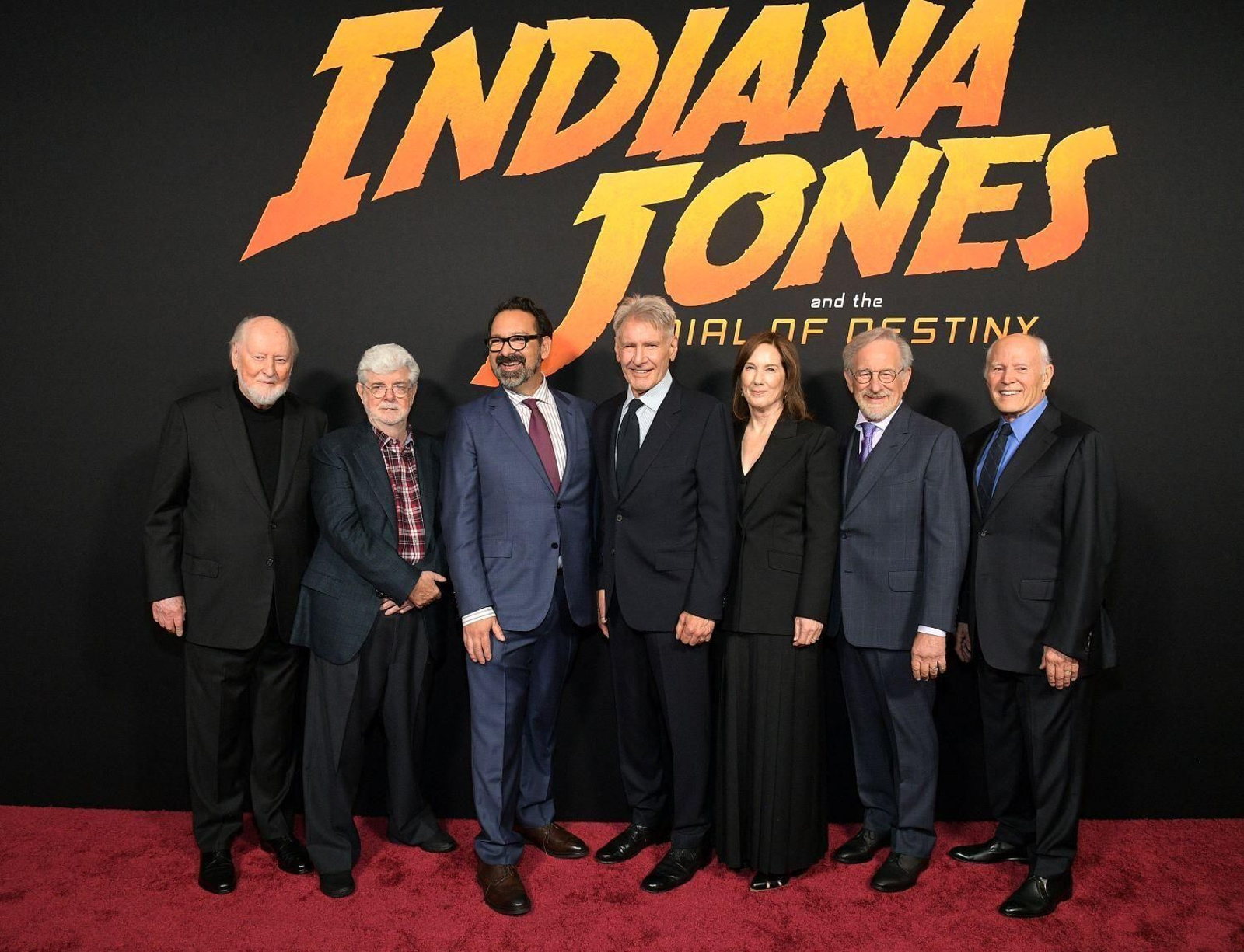 Indiana Jones y El Dial del Destino | John Williams, George Lucas, James Mangold, Harrison Ford, Kathleen Kennedy, Steven Spielberg y Frank Marshall, en el estreno en Los Ángeles.