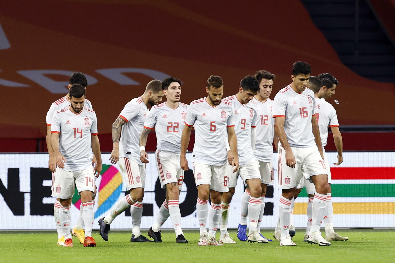 Los jugadores de España celebran el gol de Canales.