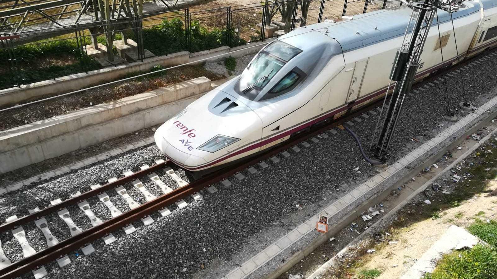 Un tren AVE pasa bajo la pasarela de La Chana-La Rosaleda