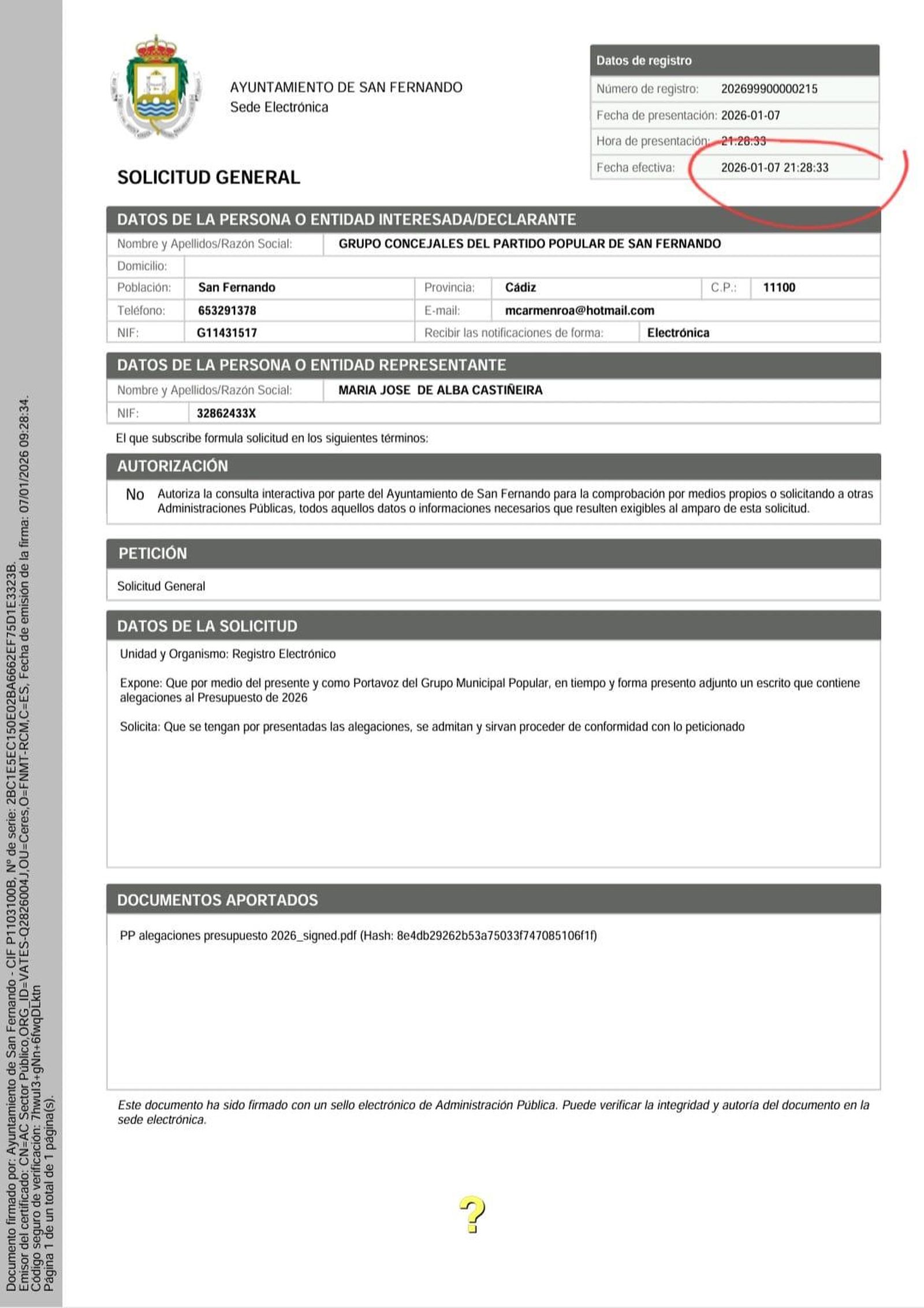 Escrito de la presentación de las alegaciones del PP de San Fernando a los presupuestos