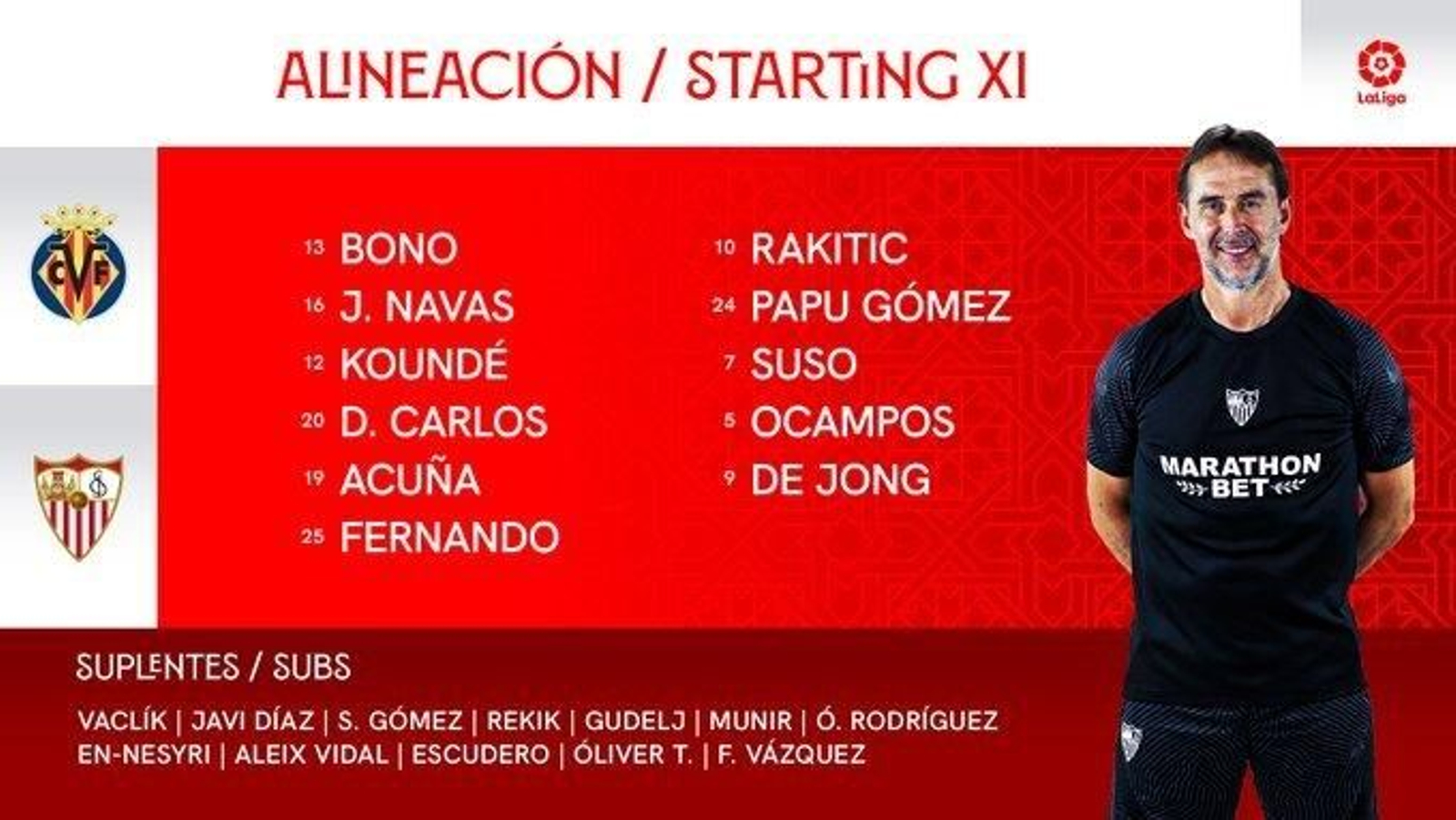 Carátula con el once del Sevilla para jugar contra el Villarreal.