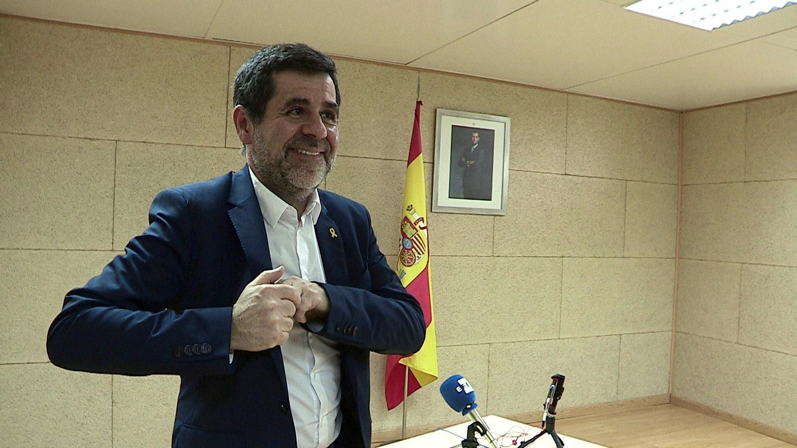 Jordi Sànchez, tras dar una rueda de prensa telemática desde la cárcel el 18 de abril. Jordi Sànchez, tras dar una rueda de prensa telemática desde la cárcel el 18 de abril.