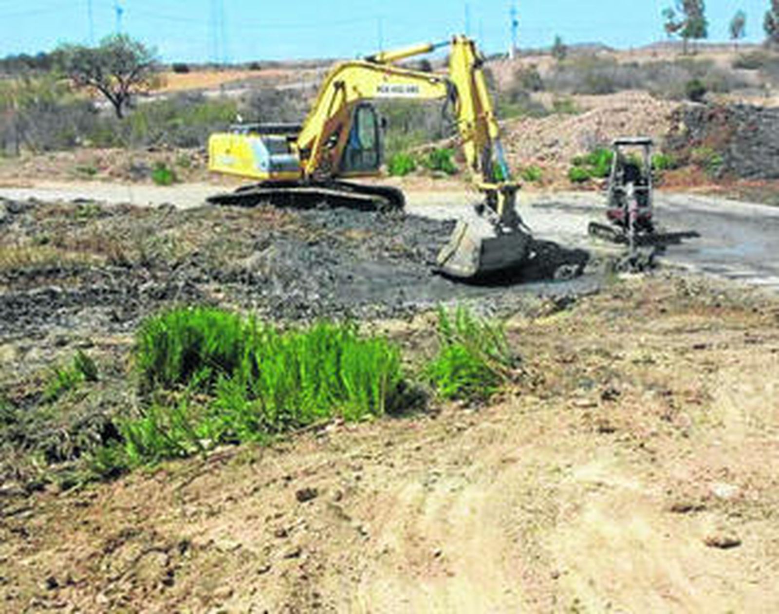 Una excavadora realiza trabajos de limpieza en el cauce de la rambla de Hornos, en Los Gallardos.
