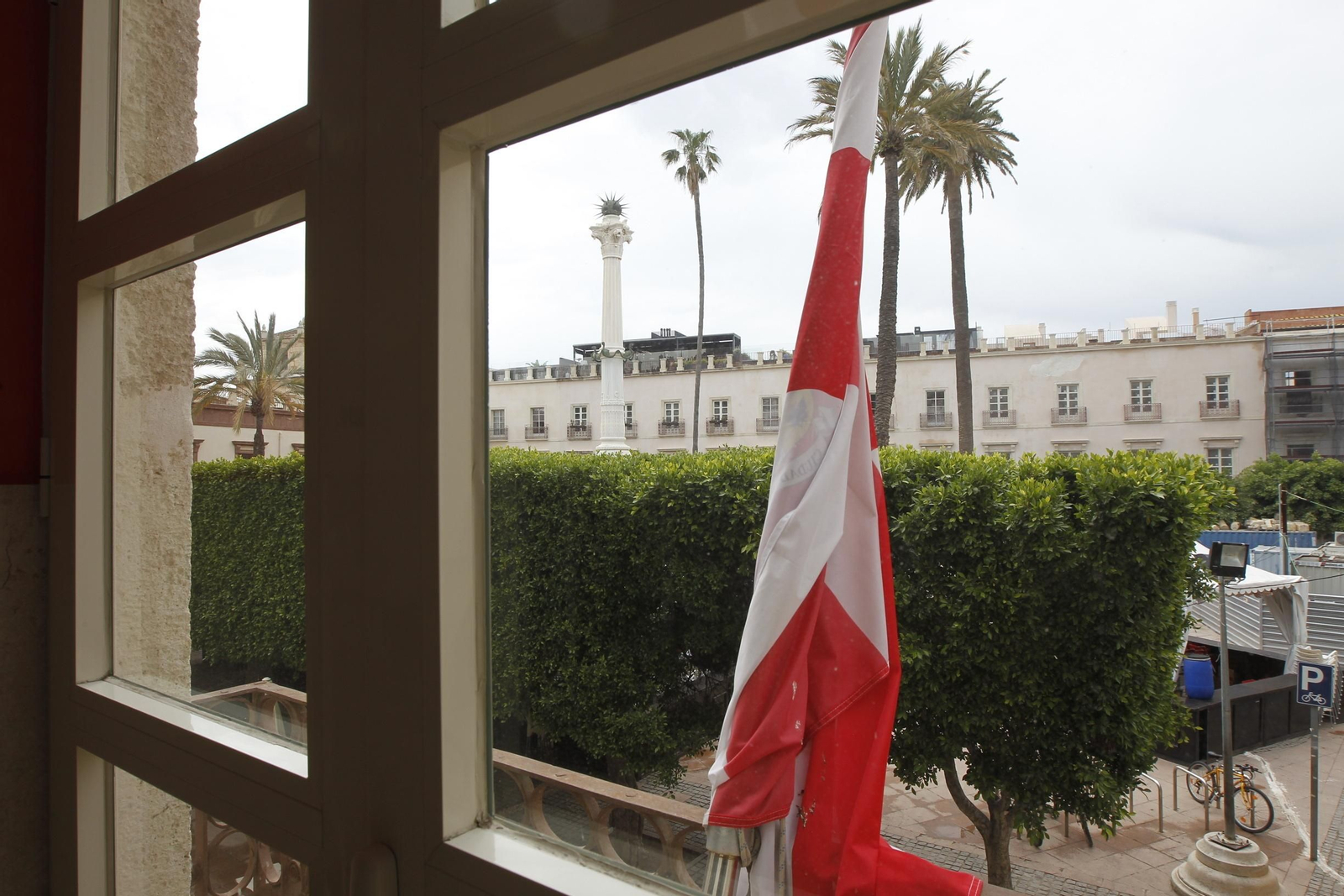 Vista de los ficus y palmeras de la Plaza Vieja desde el ventanal correspondiente al balcón de la bandera de Almería.