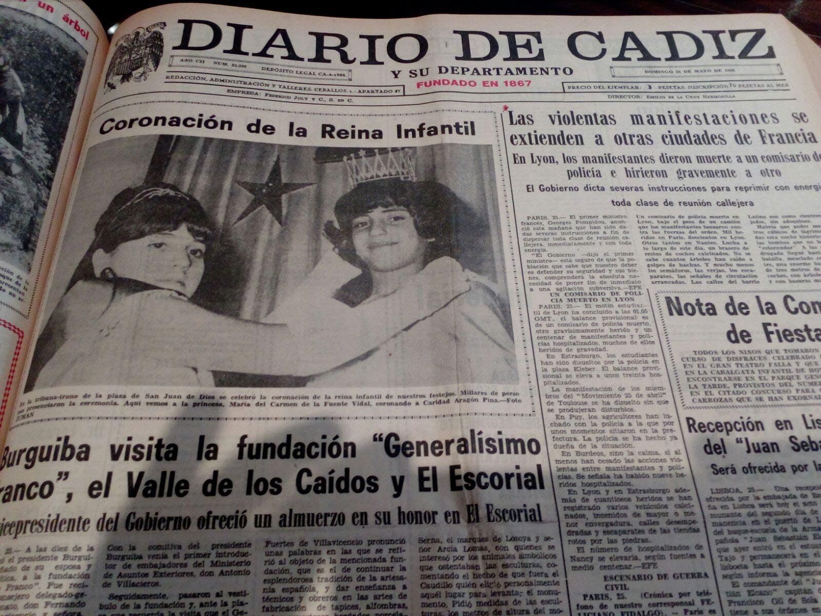 Violentas manifestaciones, junto a la reina infantil en mayo del 68.