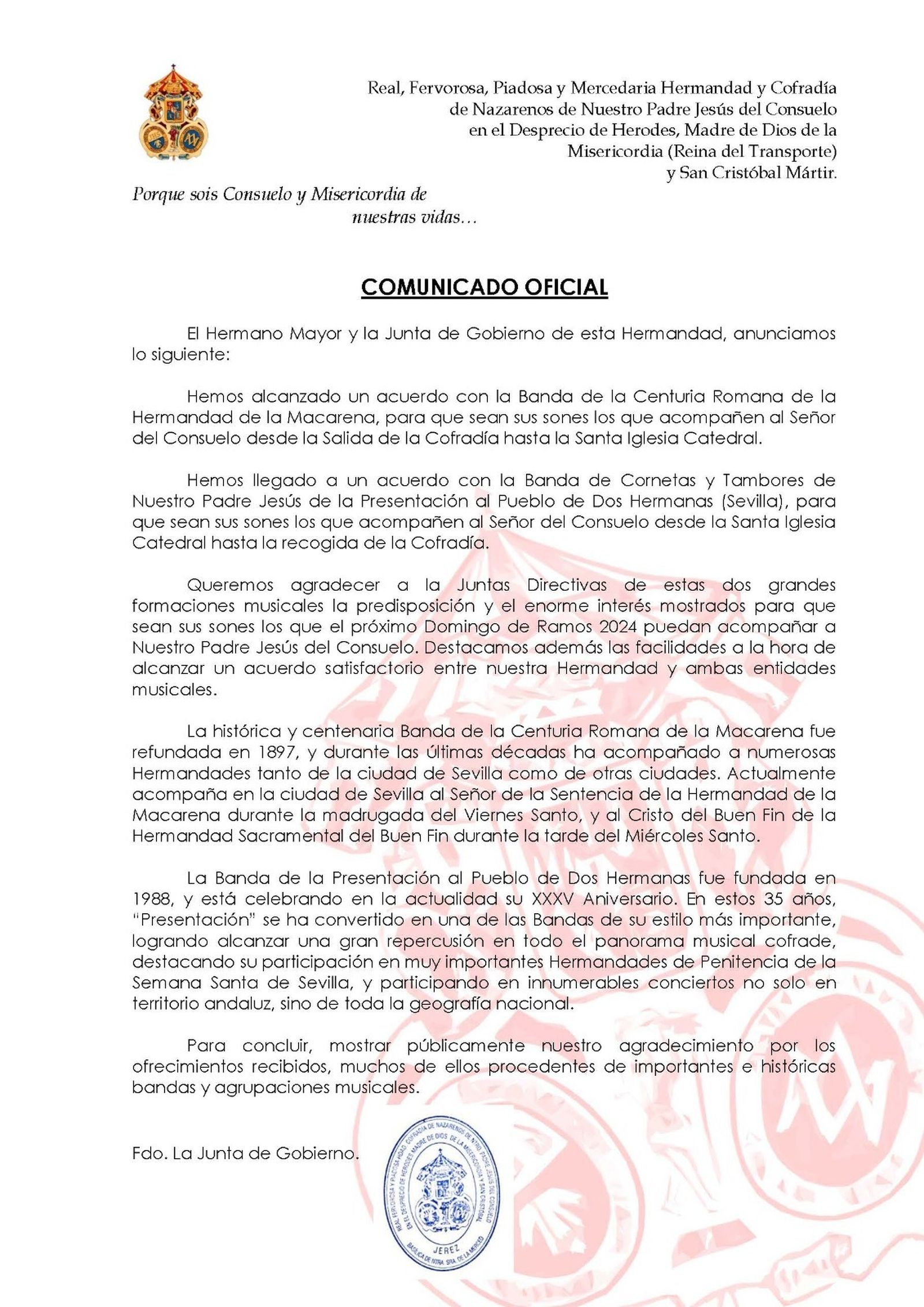 El comunicado de la hermandad del Transporte
