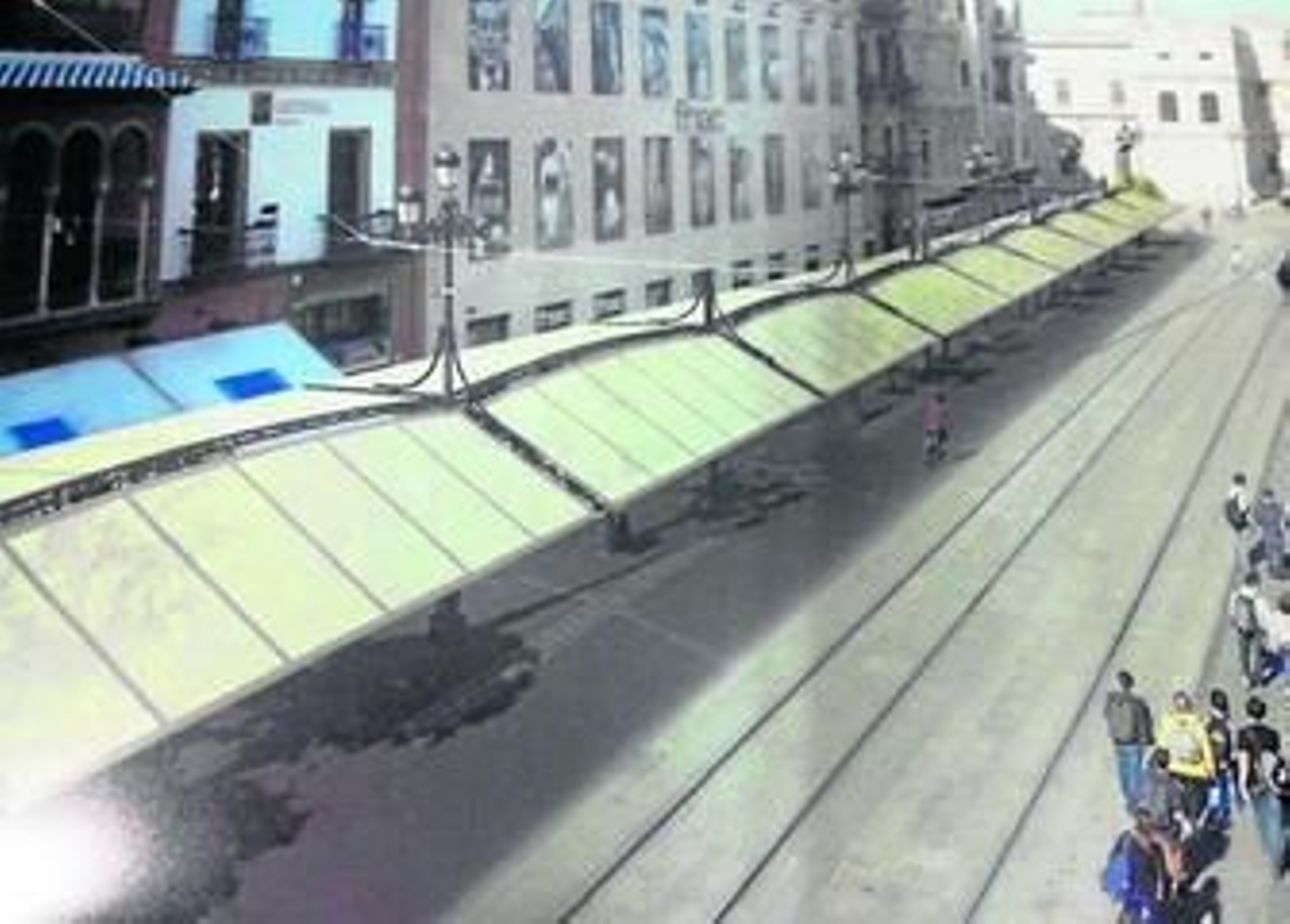 La recreación del sistema de toldos a doble agua proyectado para el tramo de la Avenida comprendido entre Filella y el edificio de Correos.