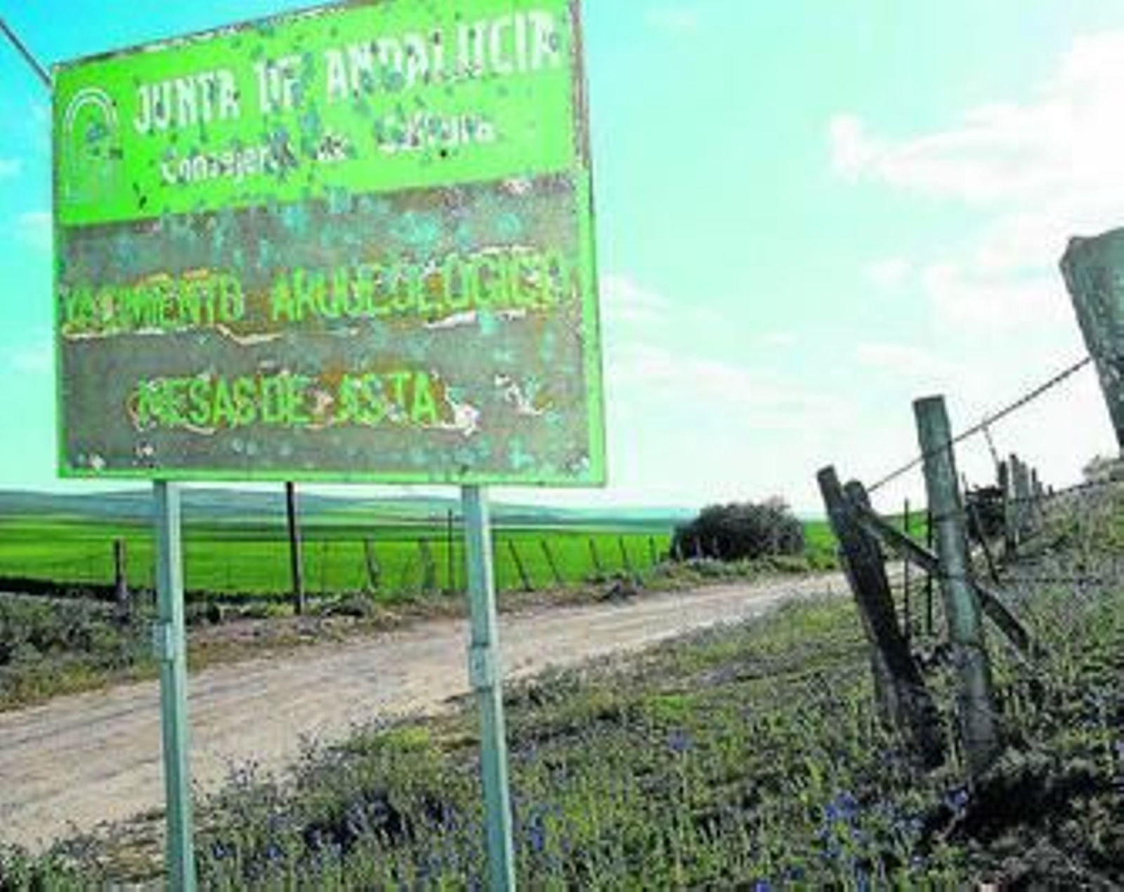 Un cartel desvencijado y borroso en Mesas de Asta intenta informar del yacimiento.