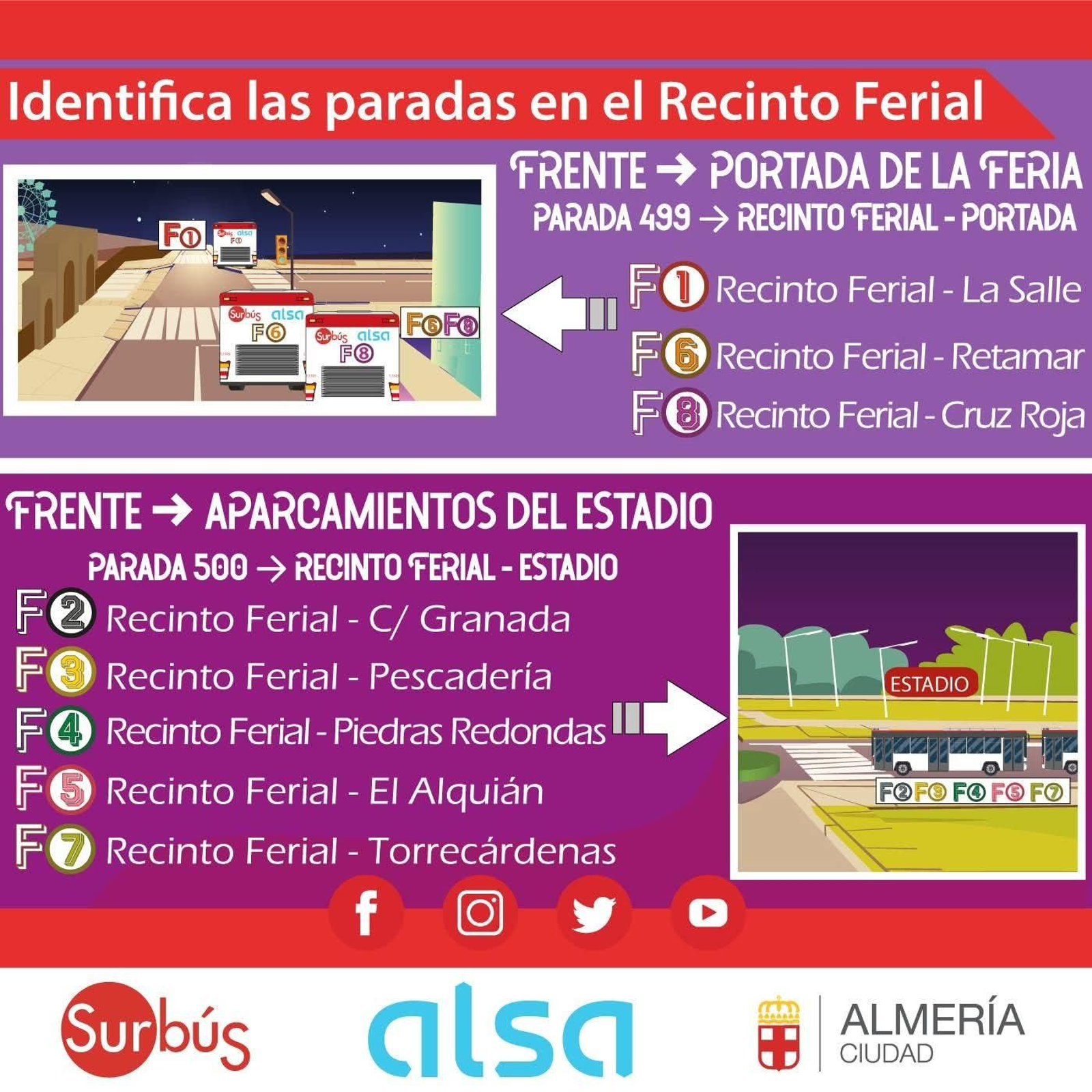 Mapa sobre las líneas especiales de feria de los autobuses que recorren la capital hasta el recinto ferial