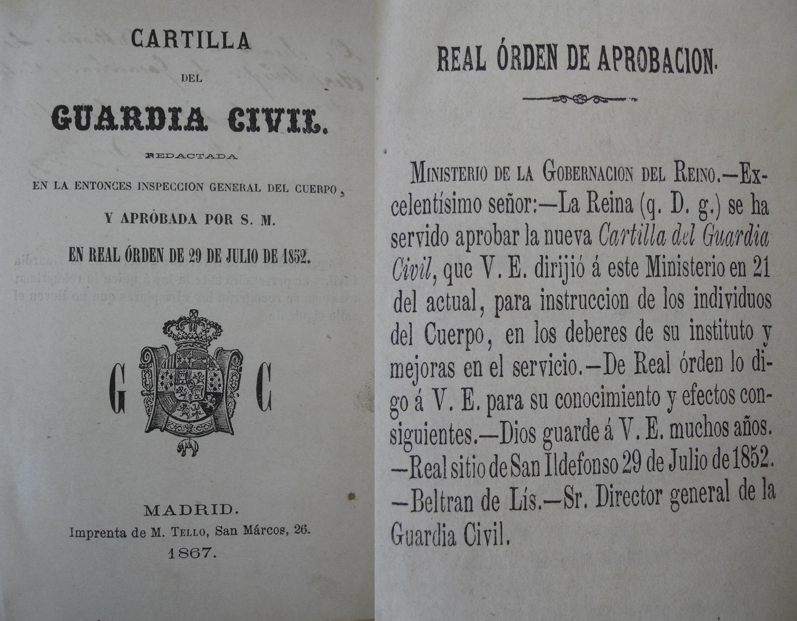 Portada y real orden de la segunda "Cartilla del Guardia Civil", aprobada el 29 de julio de 1852.