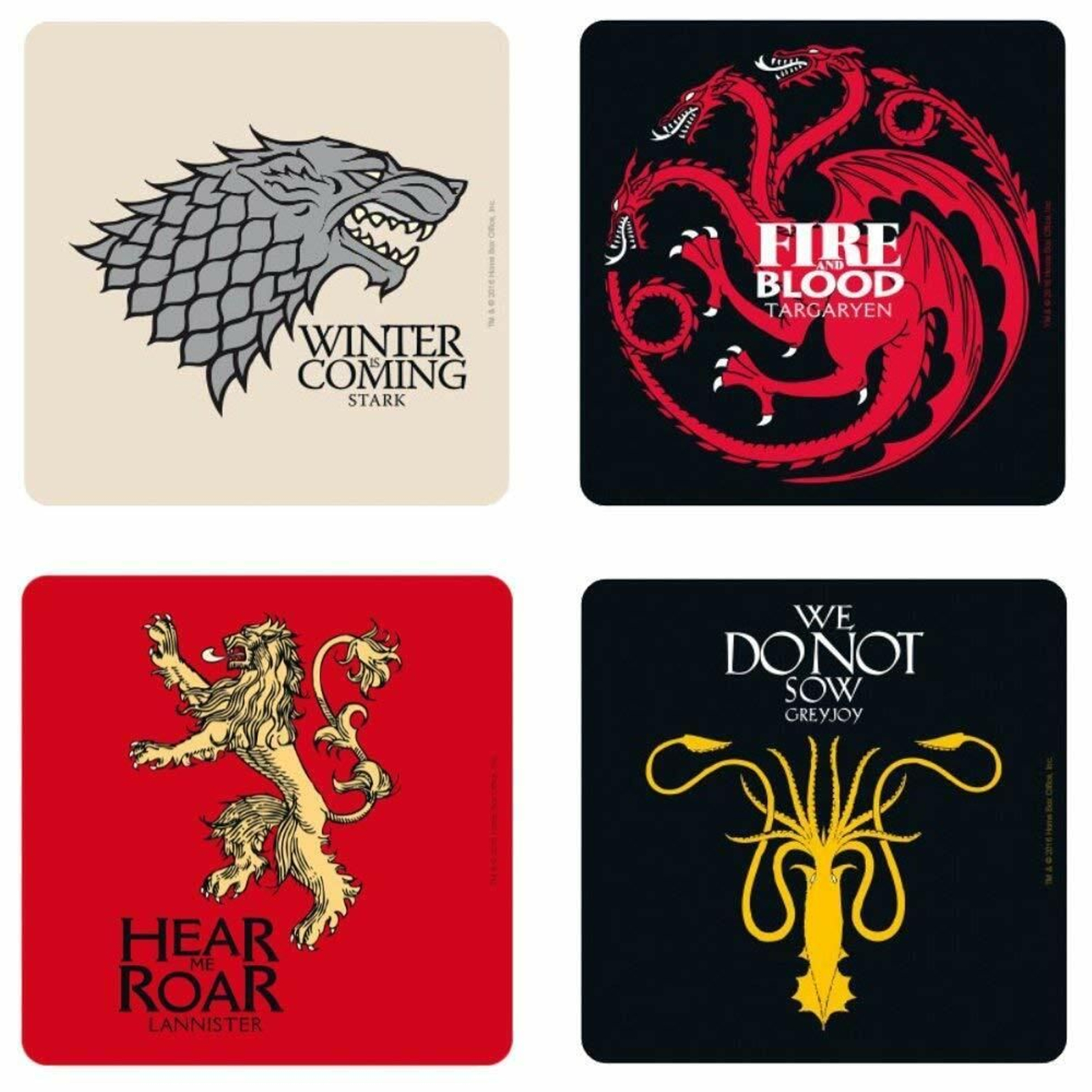 Posavasos con los escudos y los lemas de las casas familiares de Juego de Tronos.