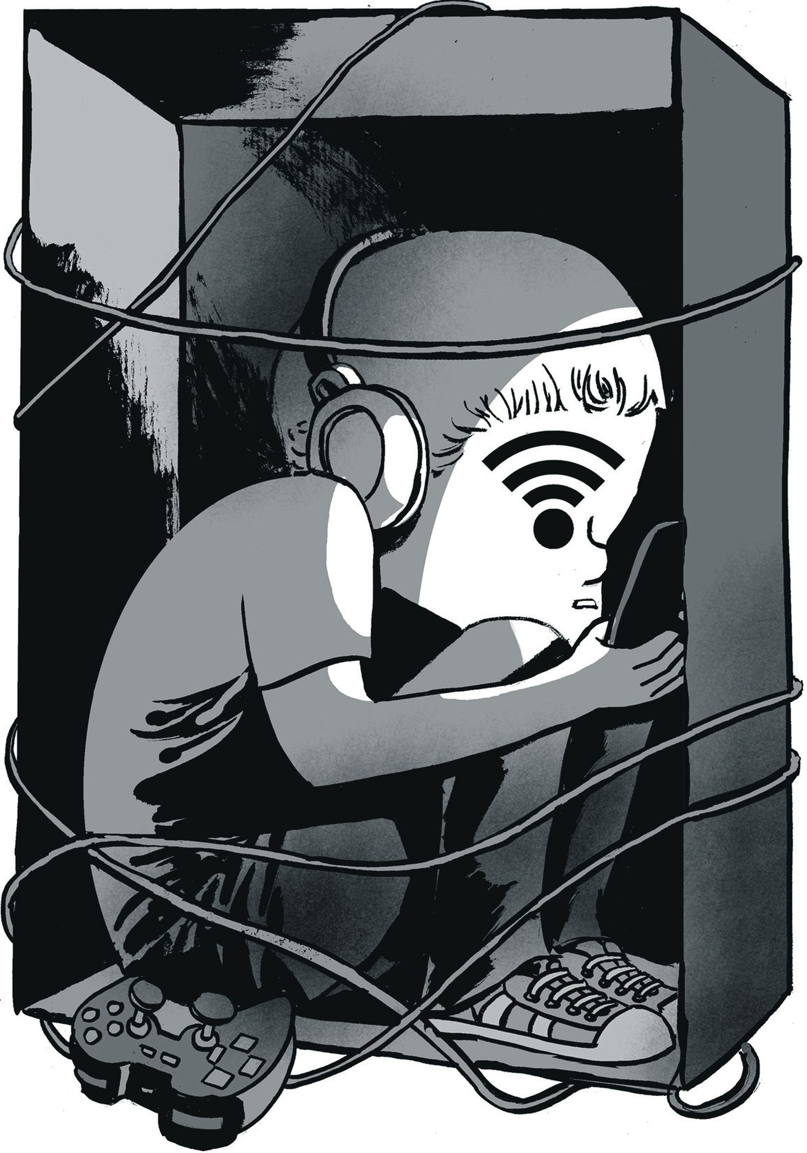 Ilustración de un niño utilizando un móvil.