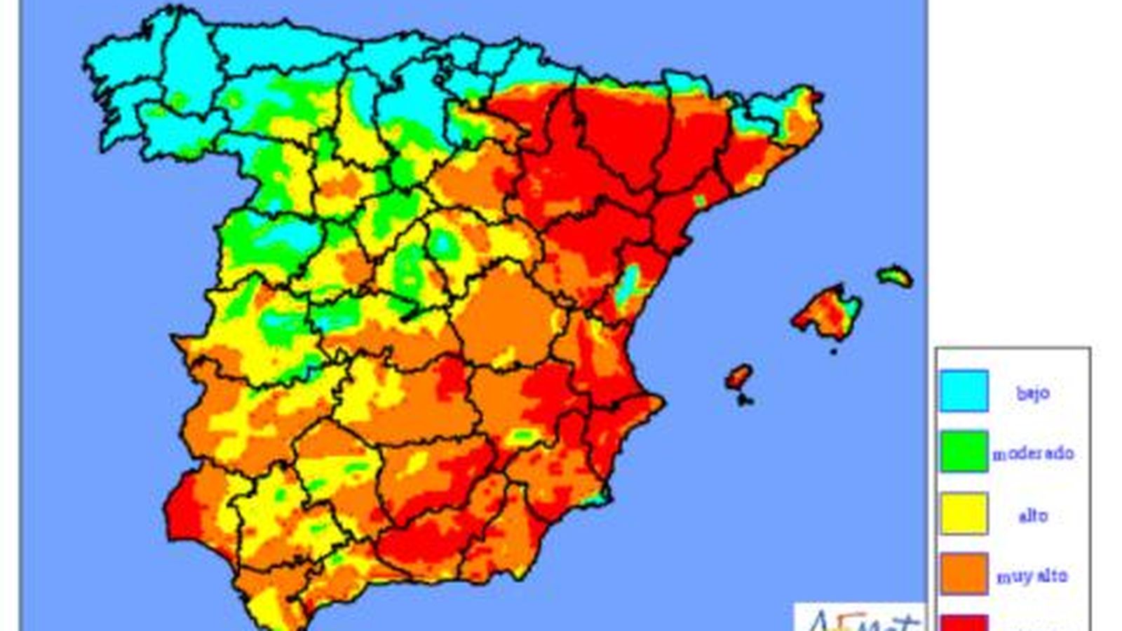 Mapa con el riesgo de incendios para hoy.