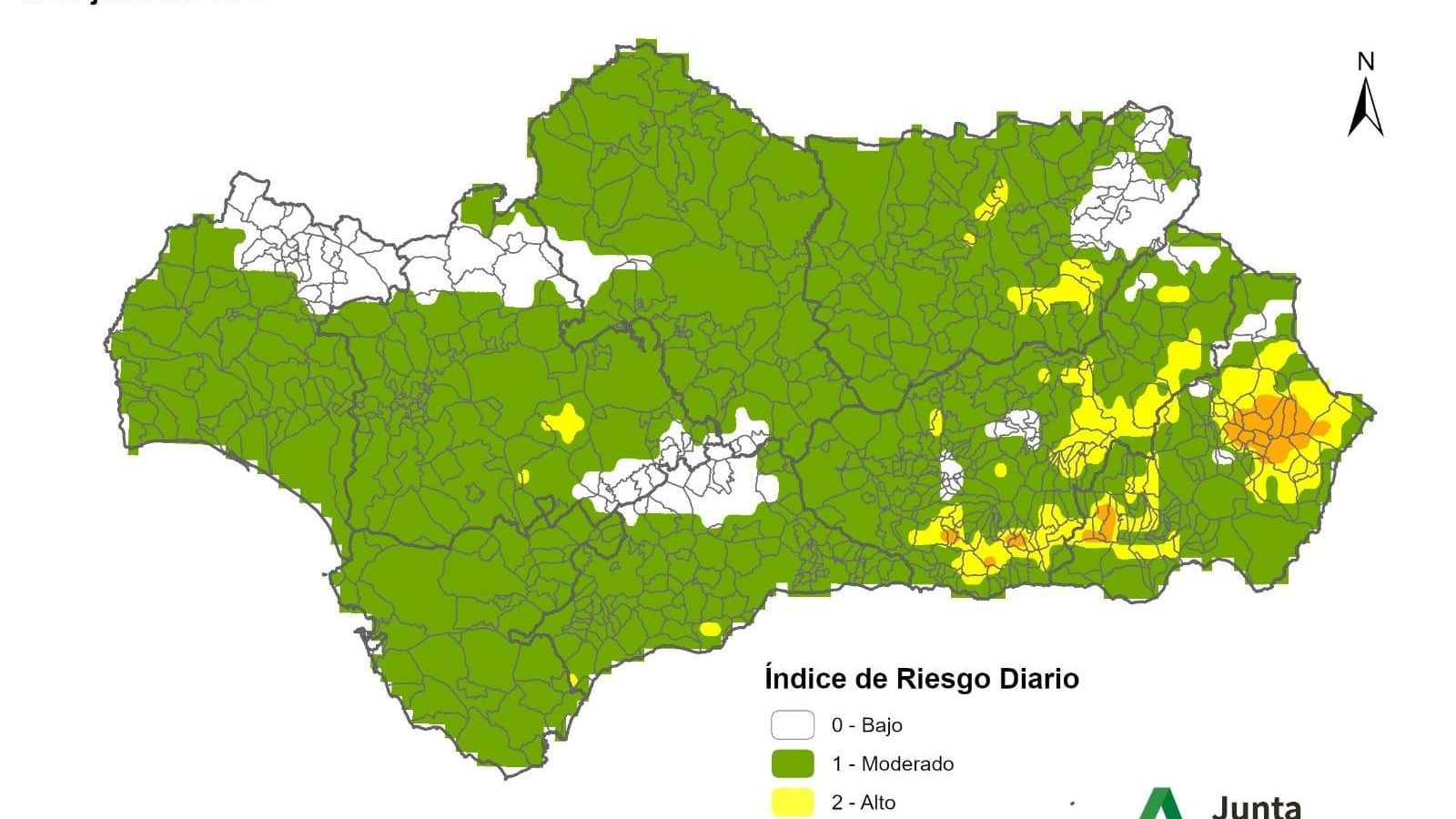 Mapa de Andalucía con riesgo de incendio forestal.