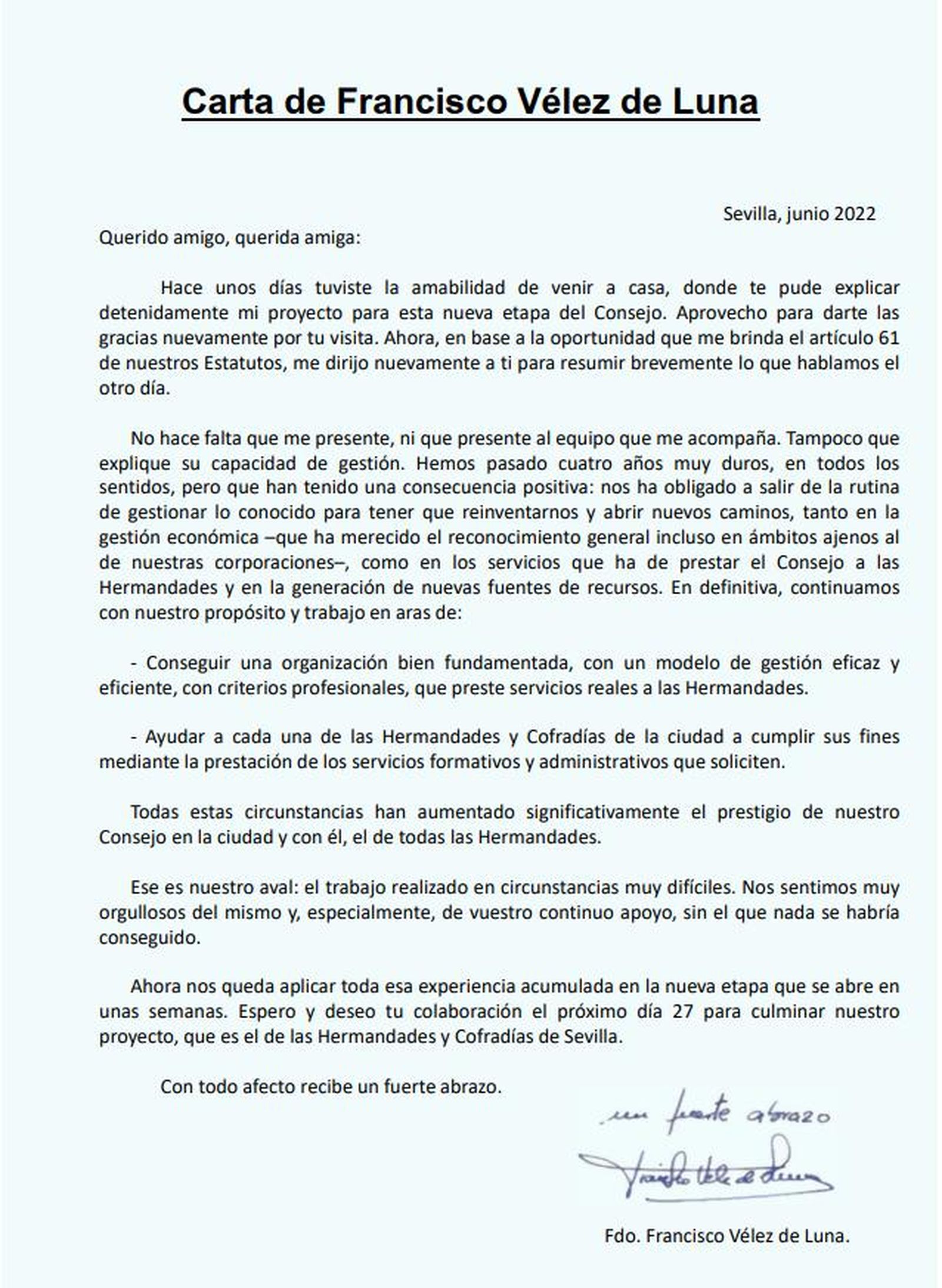 Carta enviada por Francisco Vélez