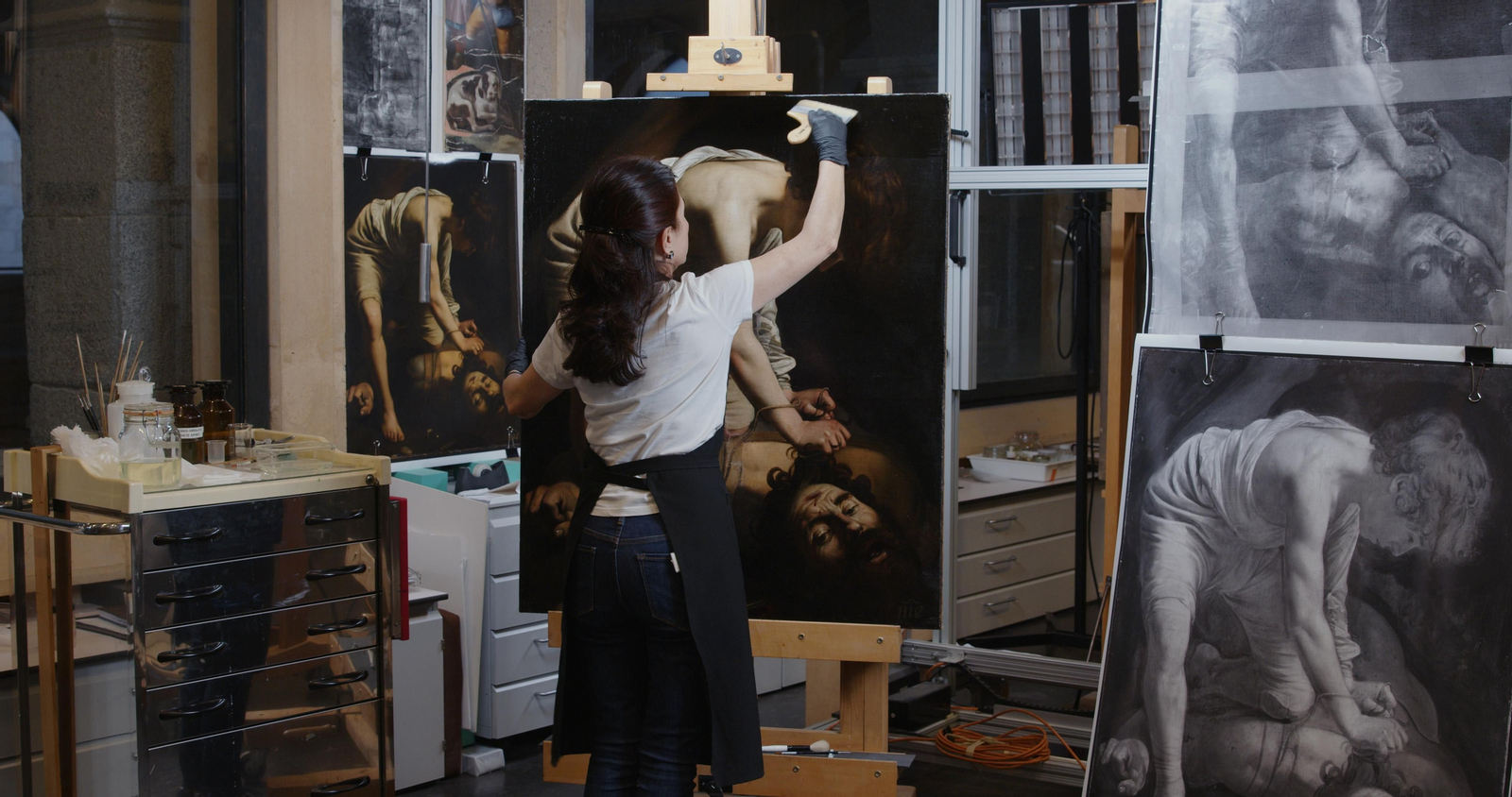 Imagen del proceso de restauración de 'David vencedor de Goliat' de Caravaggio. Imagen del proceso de restauración de 'David vencedor de Goliat' de Caravaggio.