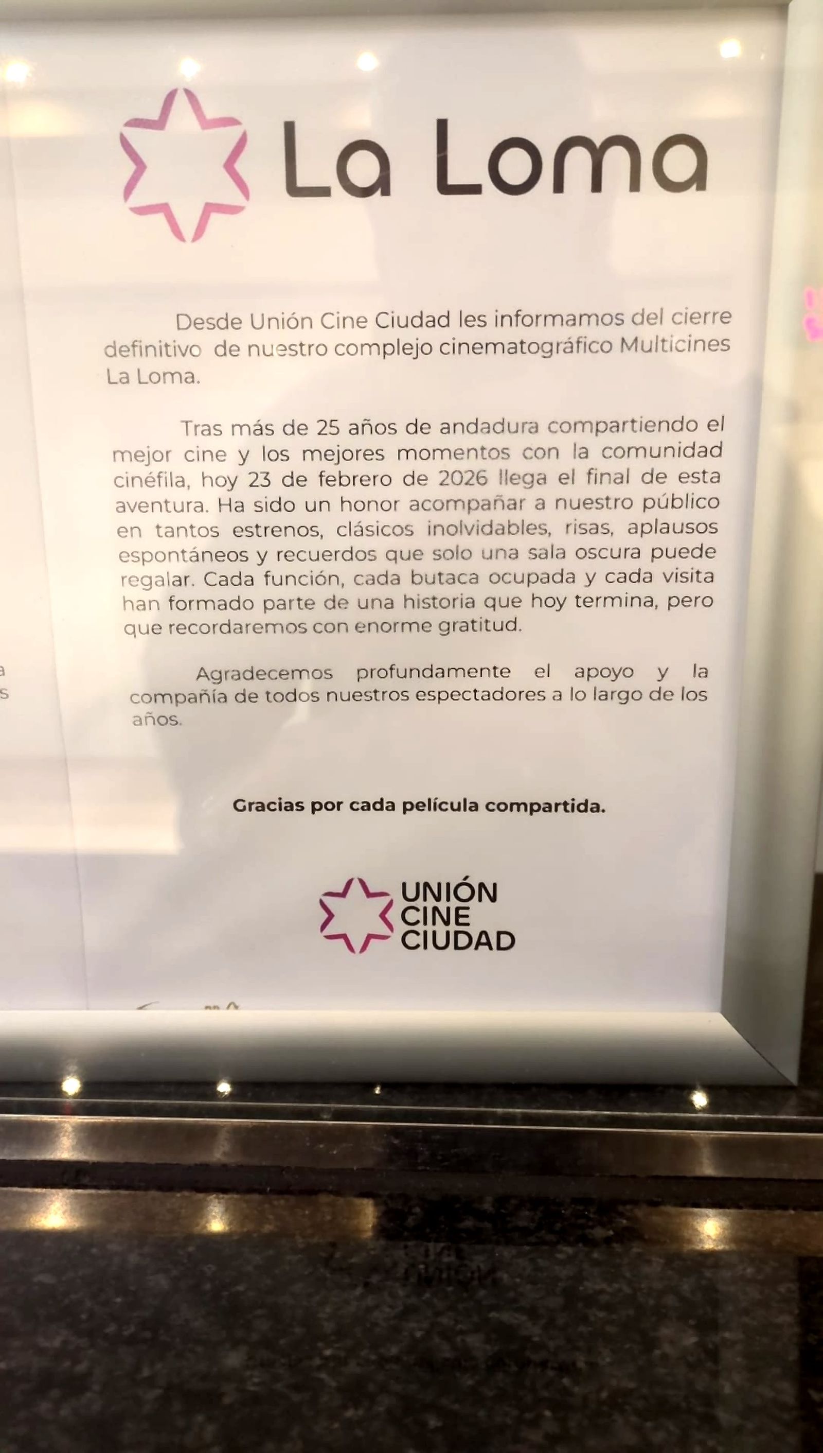 El comunicado de despedida de Multicines La Loma en Jaén.