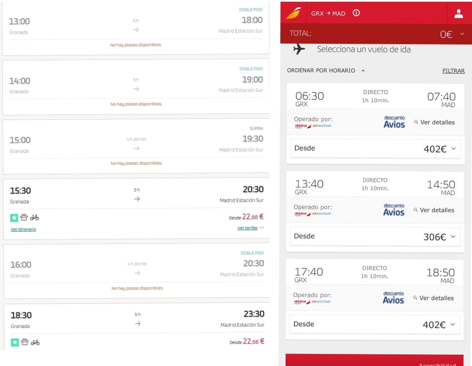 Imagen de la disponibilidad de vuelos y autobuses de Granada a Madrid