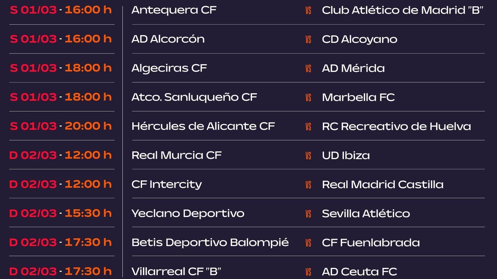 Los horarios del grupo II de la Primera Federación para la 26ª jornada.